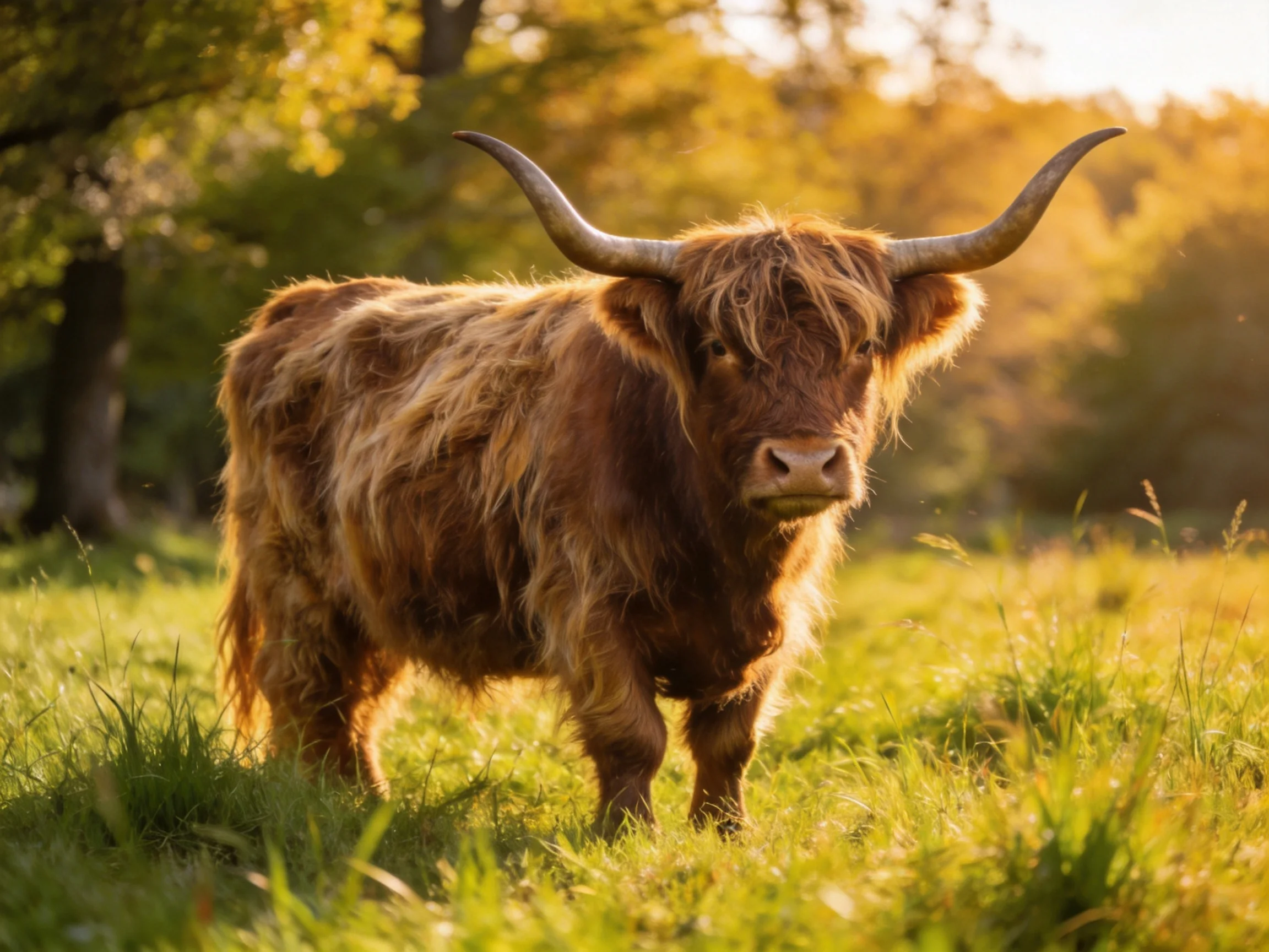A shaggy brown Highland cow with large horns in a sunlit meadow
