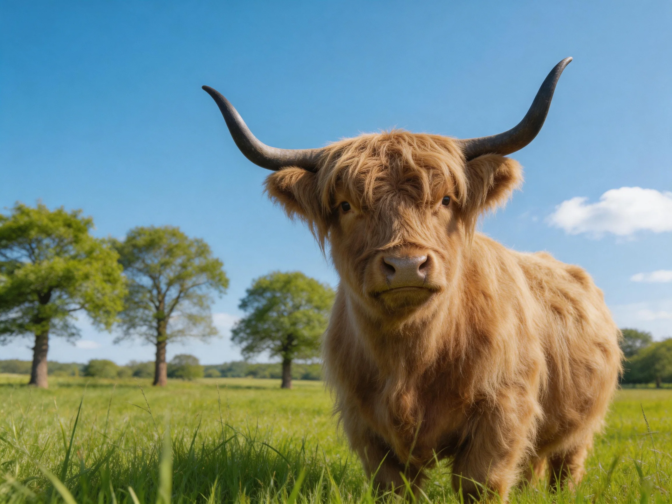 A shaggy brown Highland cow with large horns in a sunny meadow