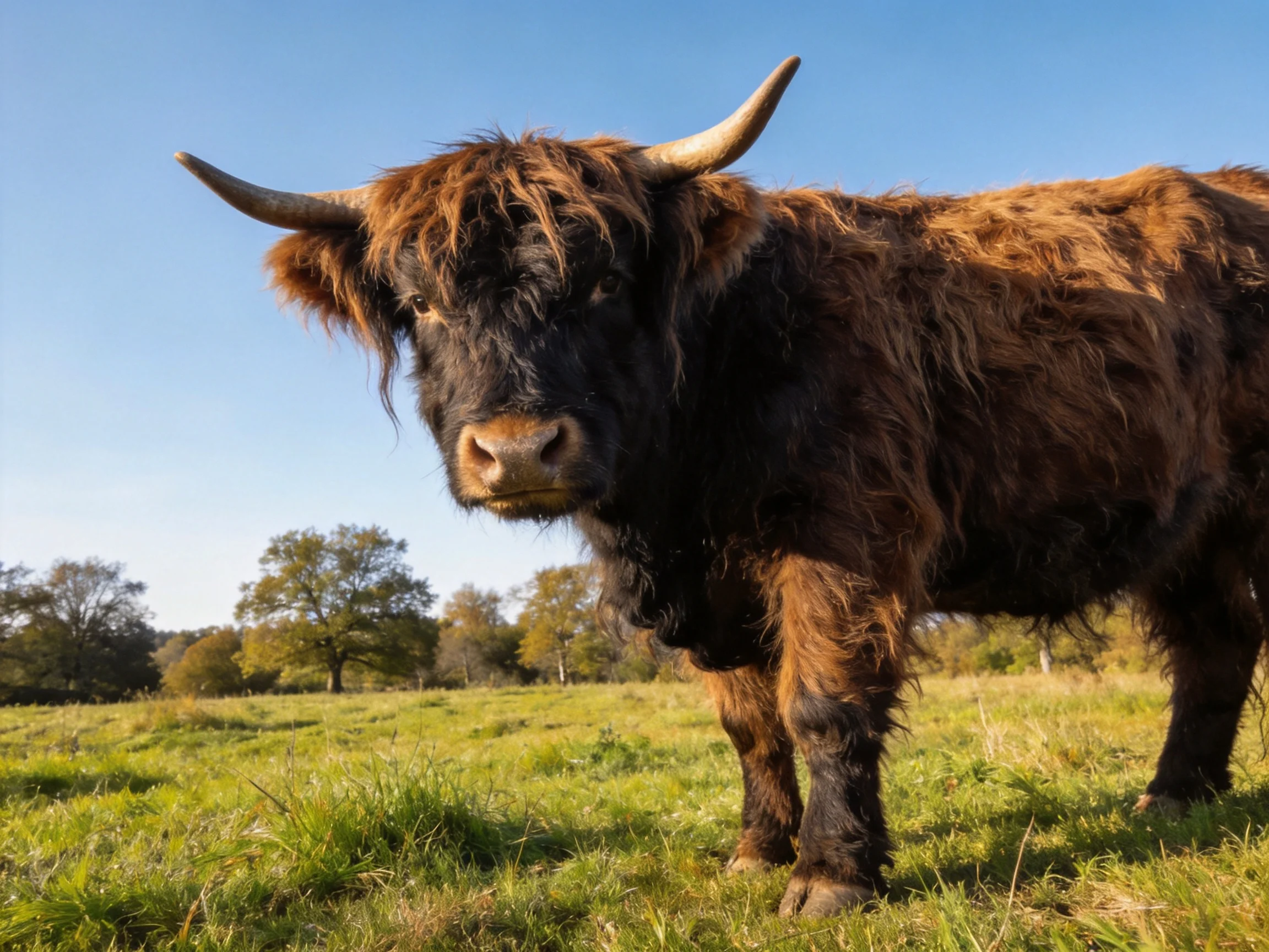 A shaggy brown Highland cow with large horns stands in a sunlit meadow