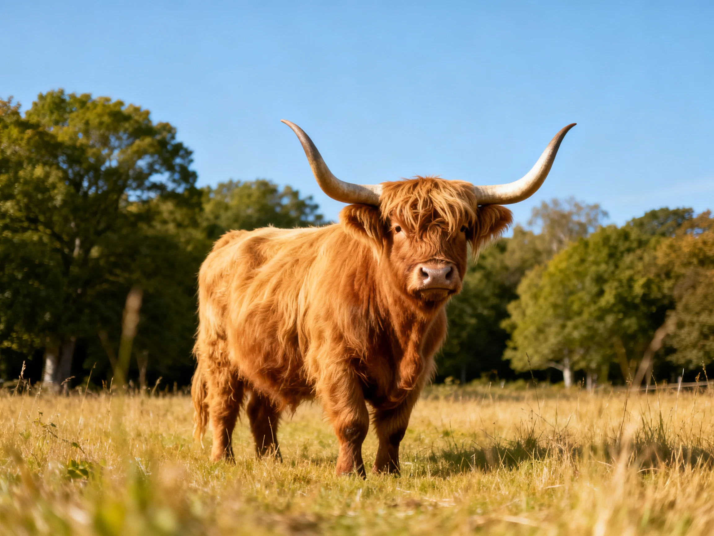 A shaggy brown Highland cow with long curved horns in a sunlit meadow