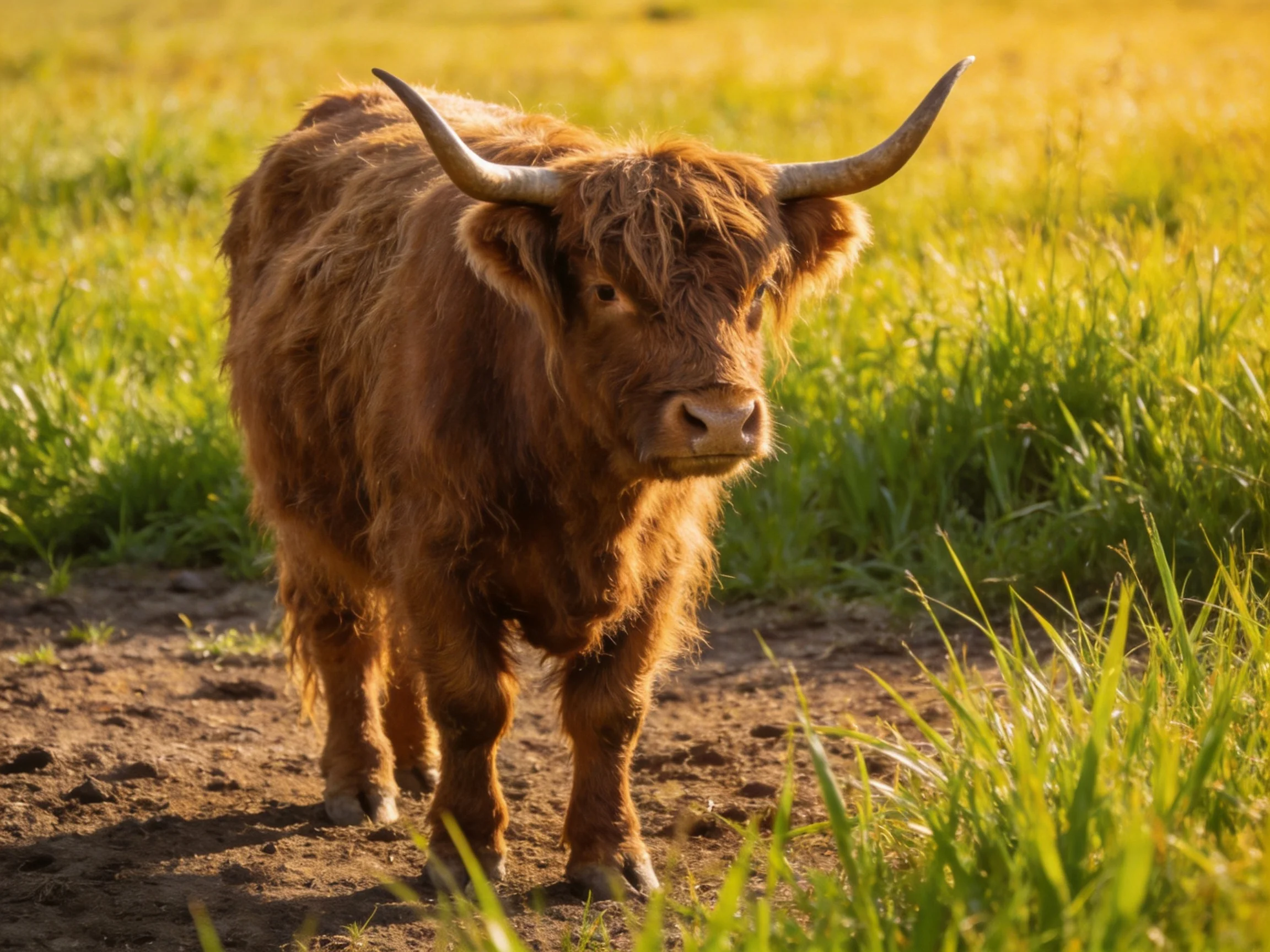A shaggy brown Highland cow stands in a sunlit meadow.