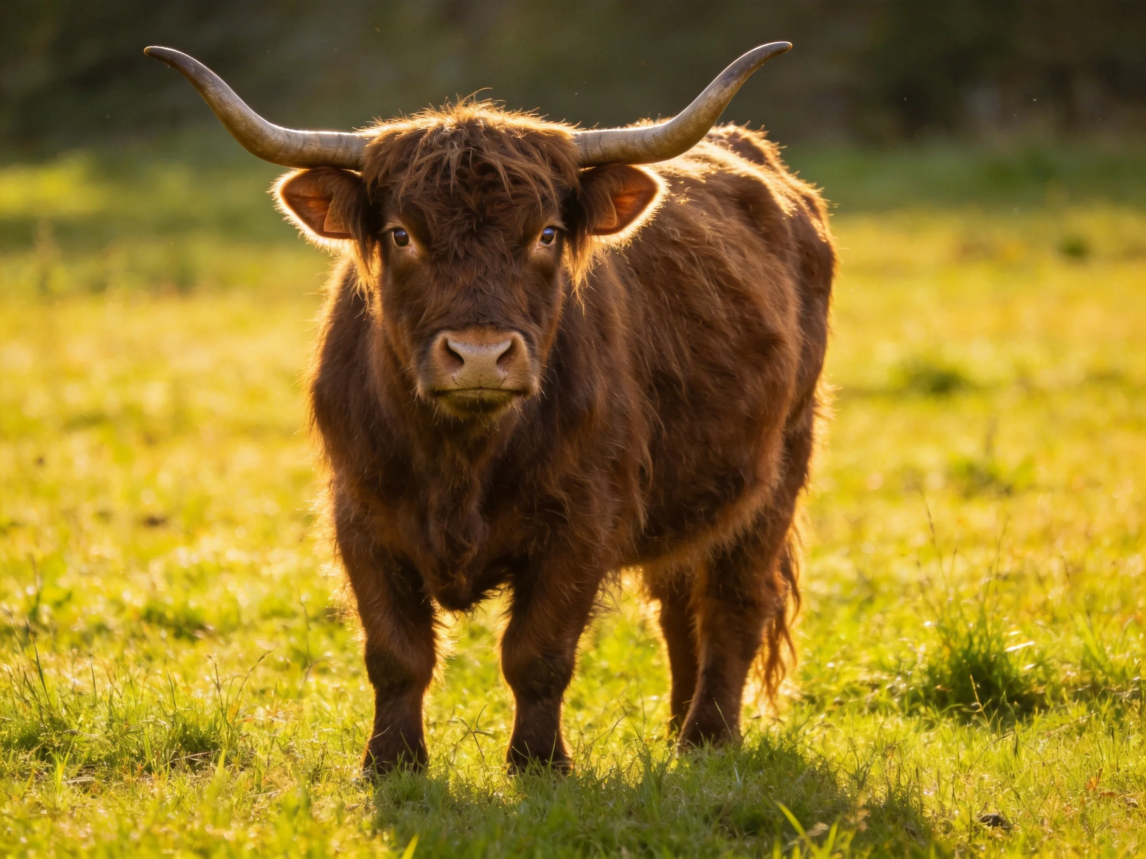 A shaggy brown Highland cow with long curved horns in a sunlit meadow