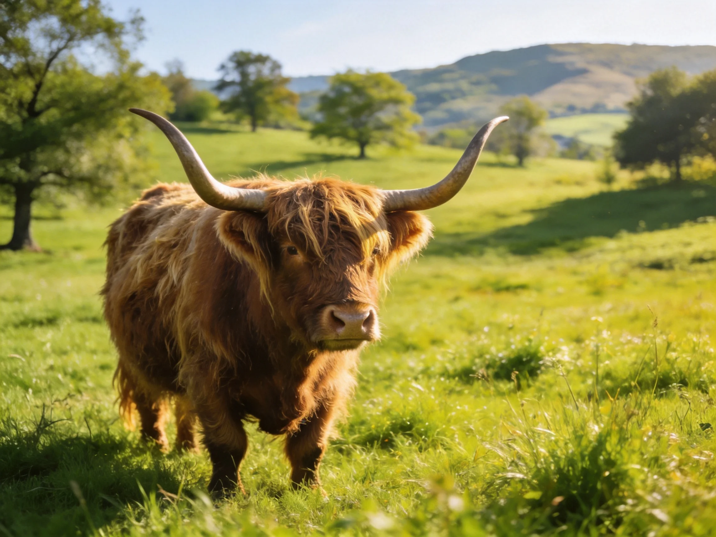 A shaggy brown Highland cow with long curved horns in a sunlit meadow
