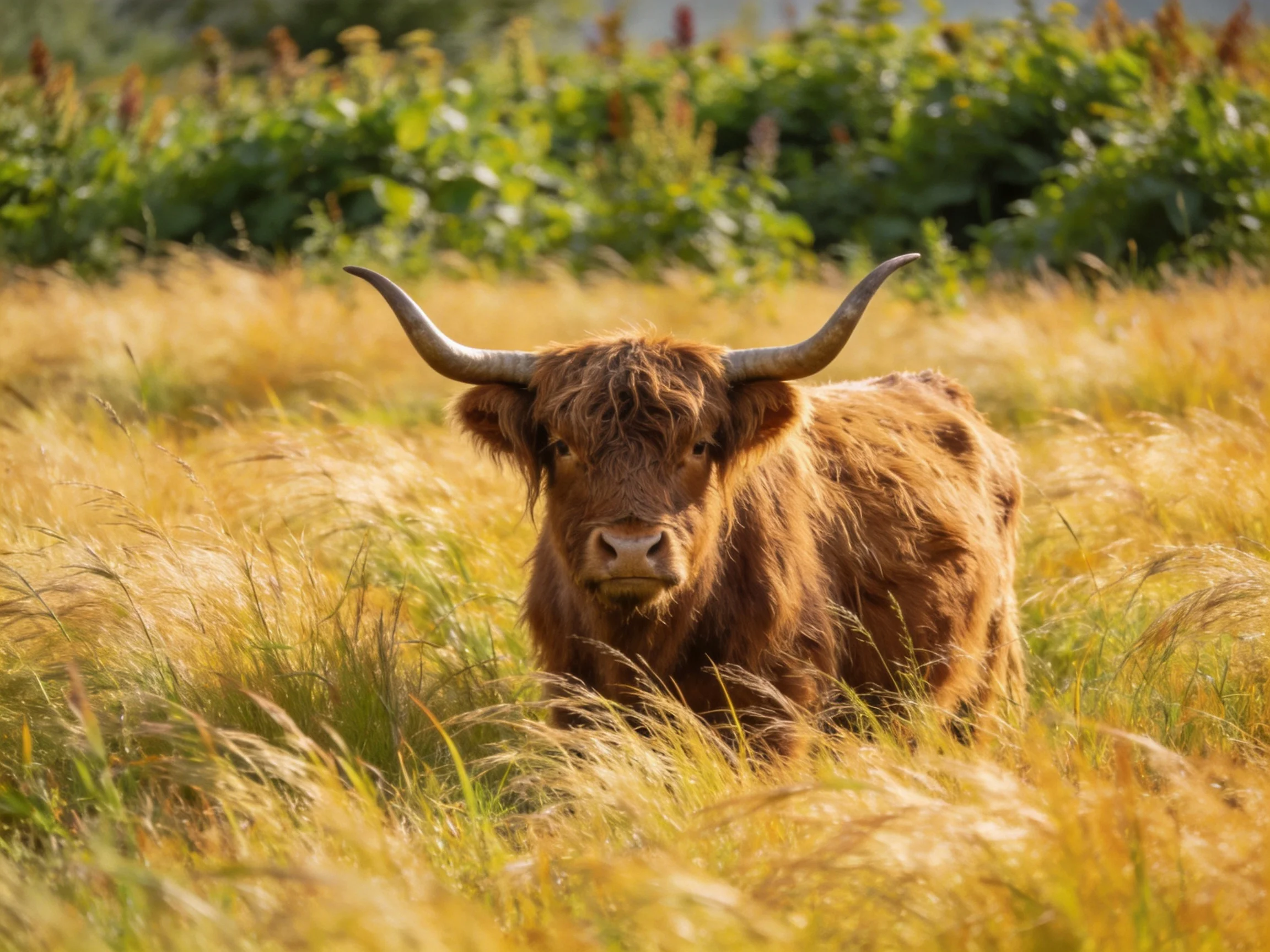 A shaggy brown Highland cow with long curved horns in golden tallgrass