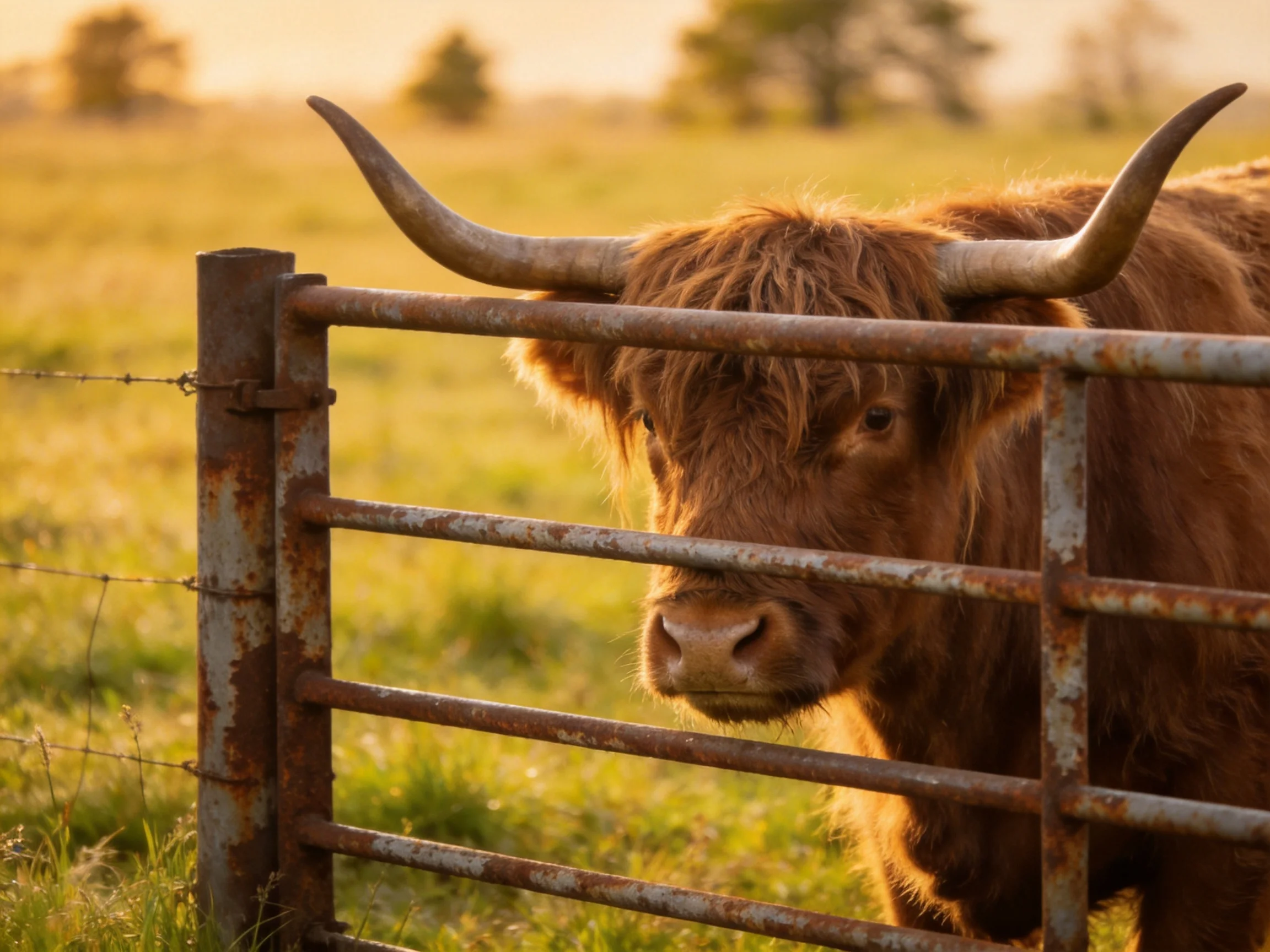 A shaggy brown Highland cow with long curved horns near a rusted metal gate