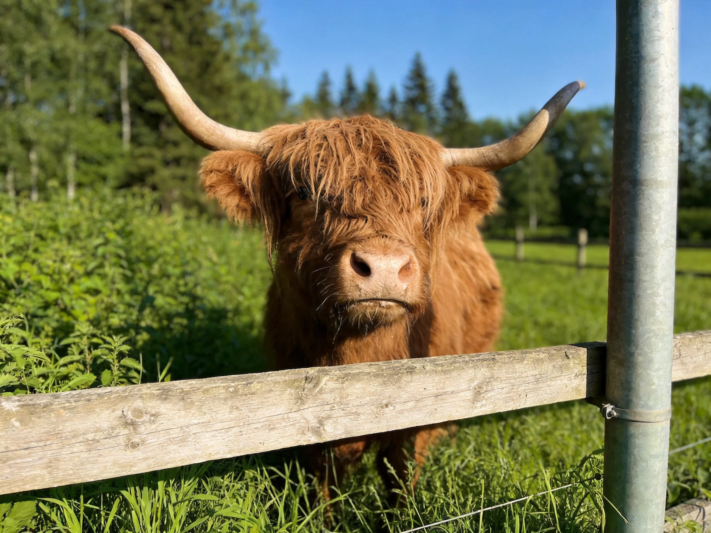 A shaggy brown Highland cow with long curved horns near a wooden fence