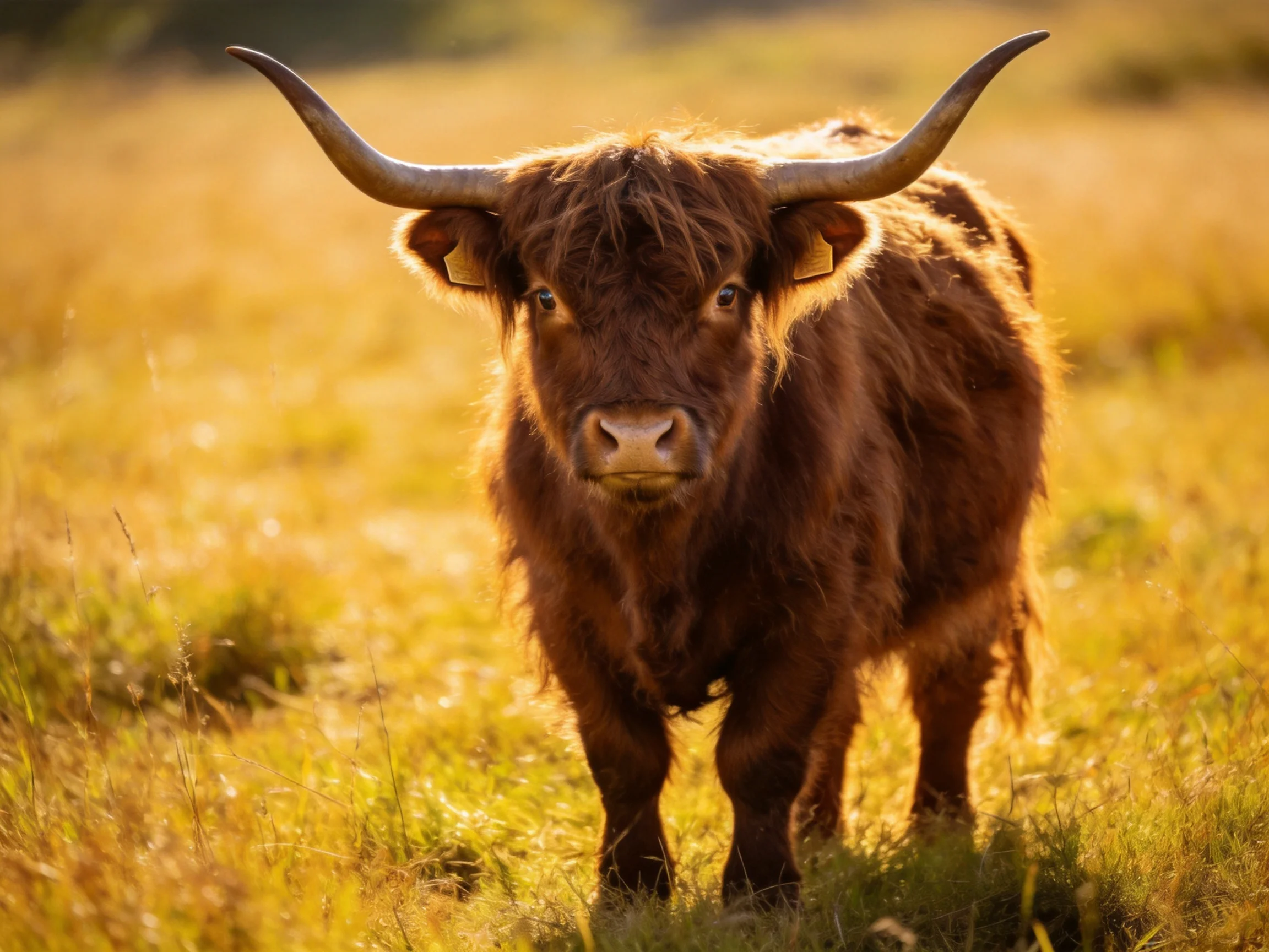 A shaggy brown Highland cow with long horns in a golden grassy meadow