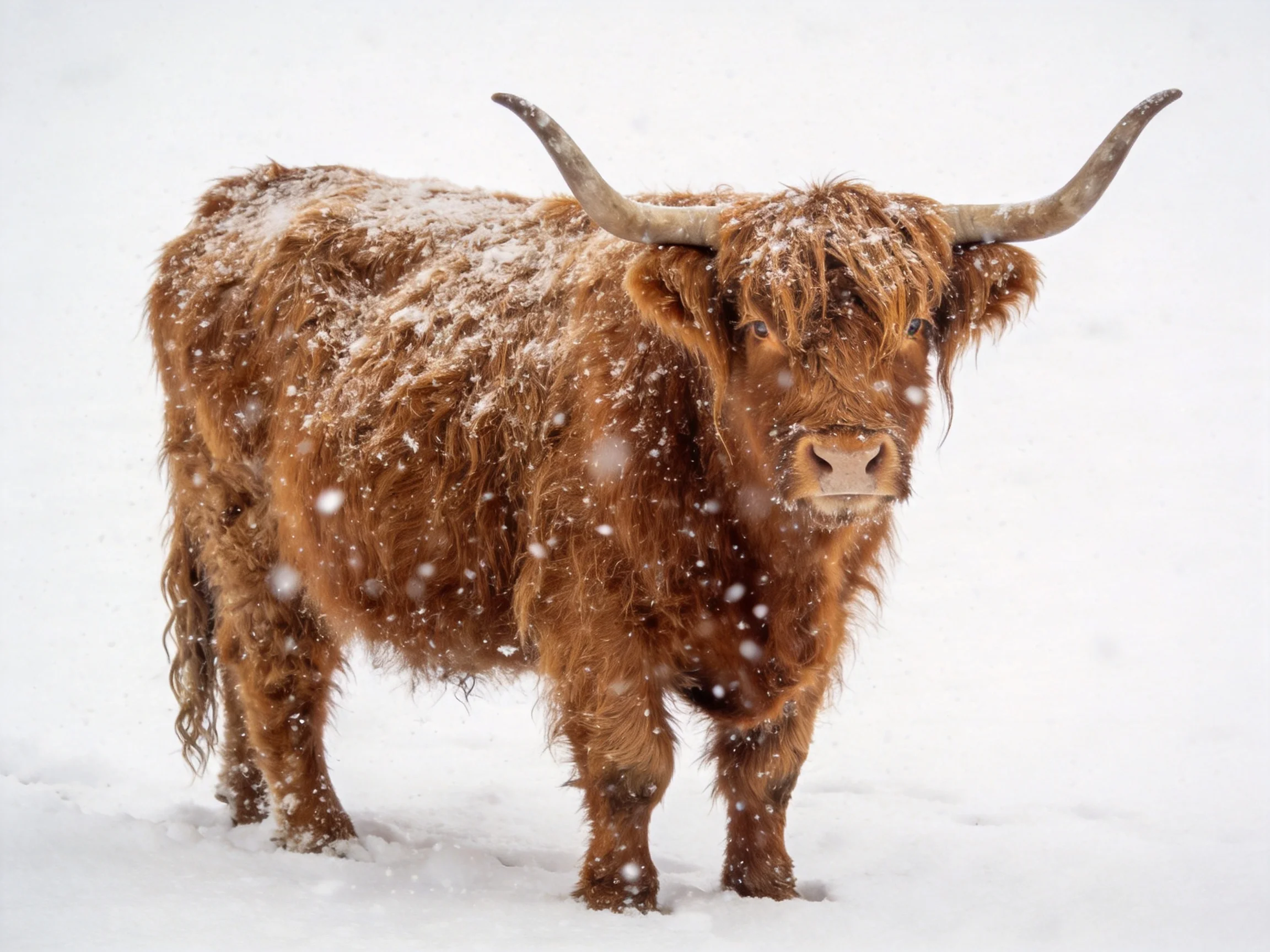 A shaggy brown Highland cow with long horns in a snowy landscape
