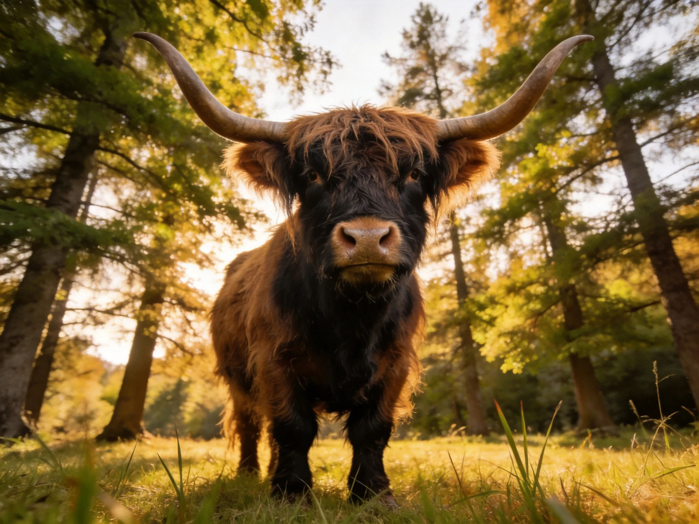 A shaggy brown Highland cow with long horns in a sunlit forest