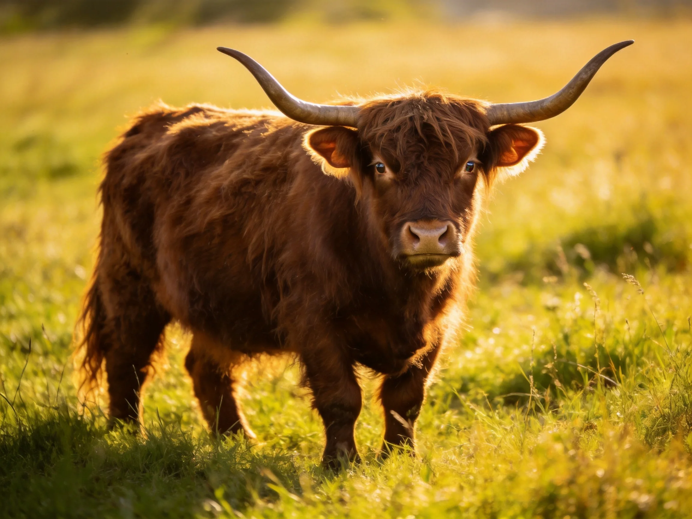 A shaggy brown Highland cow with long horns in a sunlit green meadow