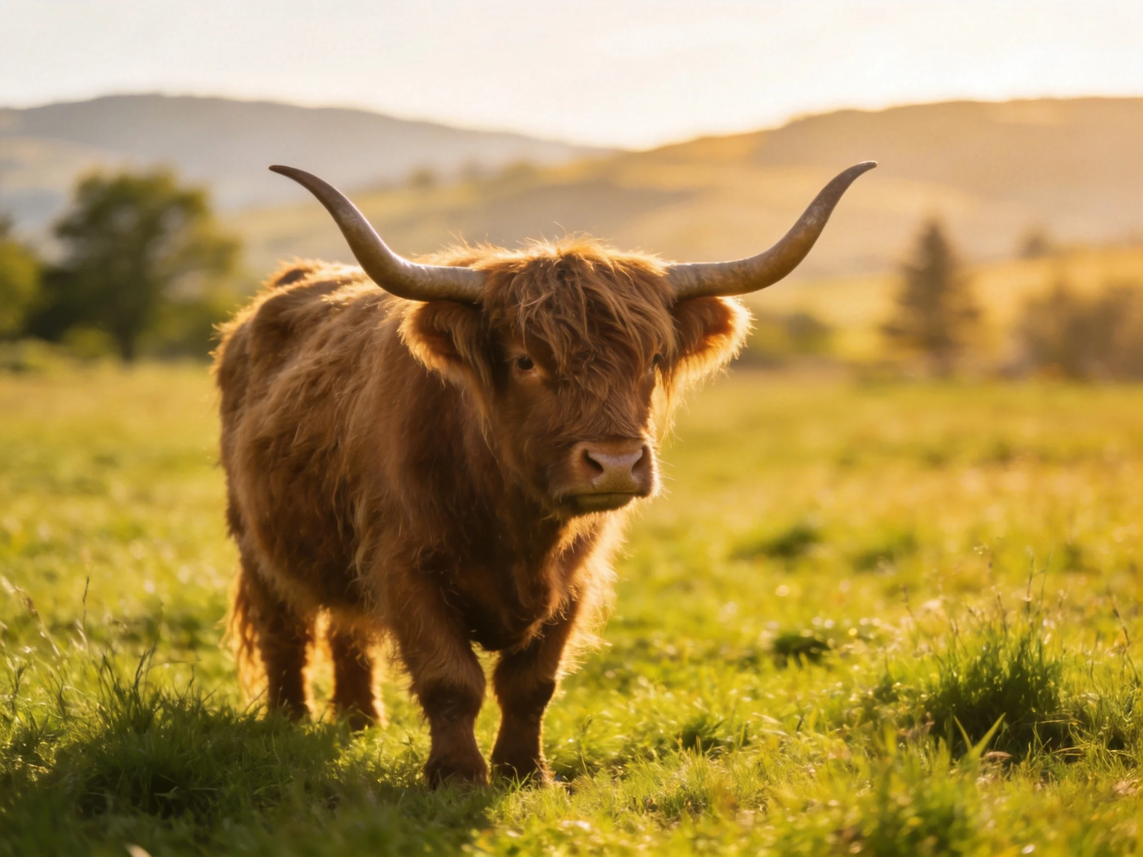 A shaggy brown Highland cow with long horns in a sunlit green pasture