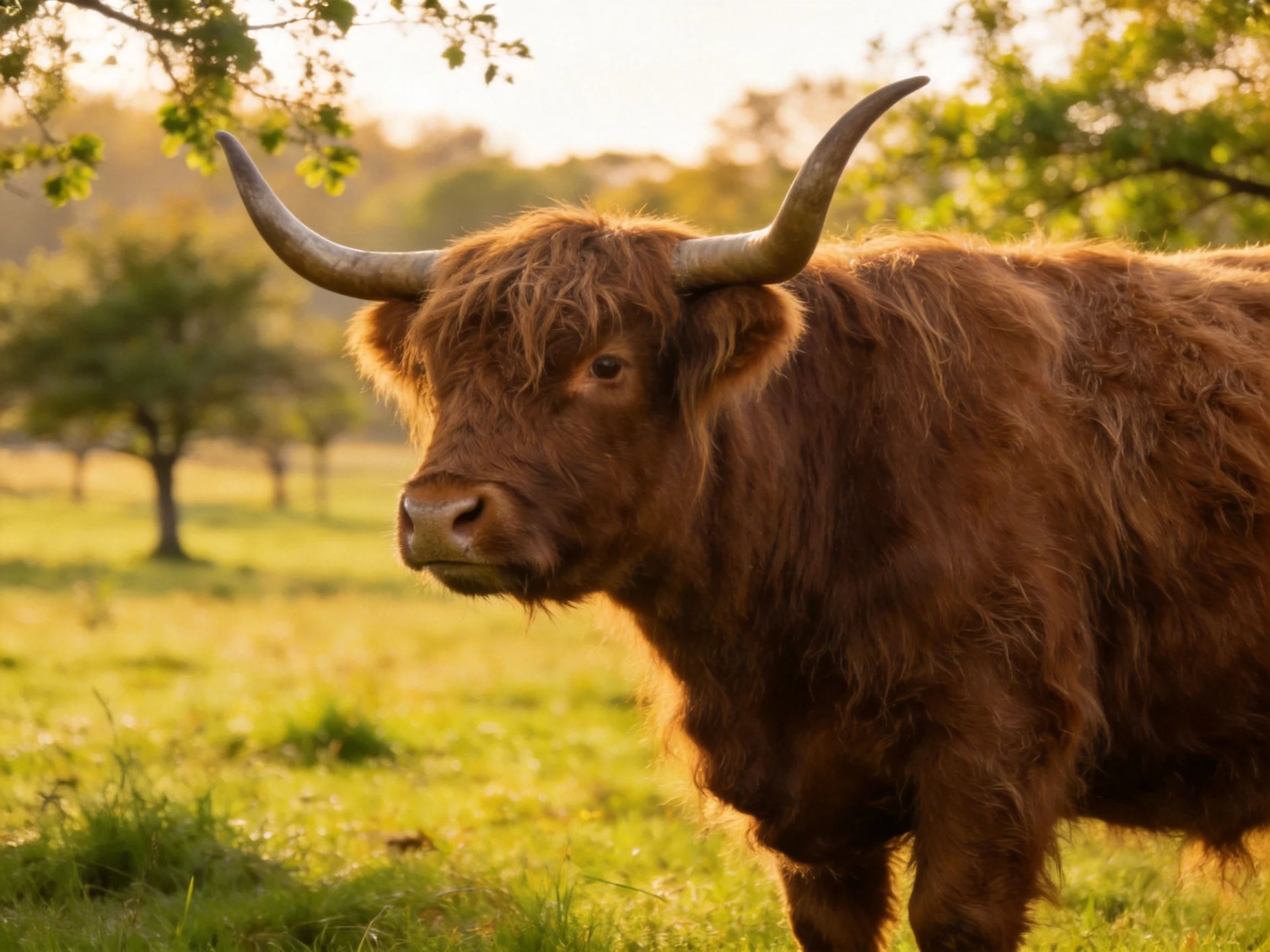 A shaggy brown Highland cow with long horns in a sunlit green pasture