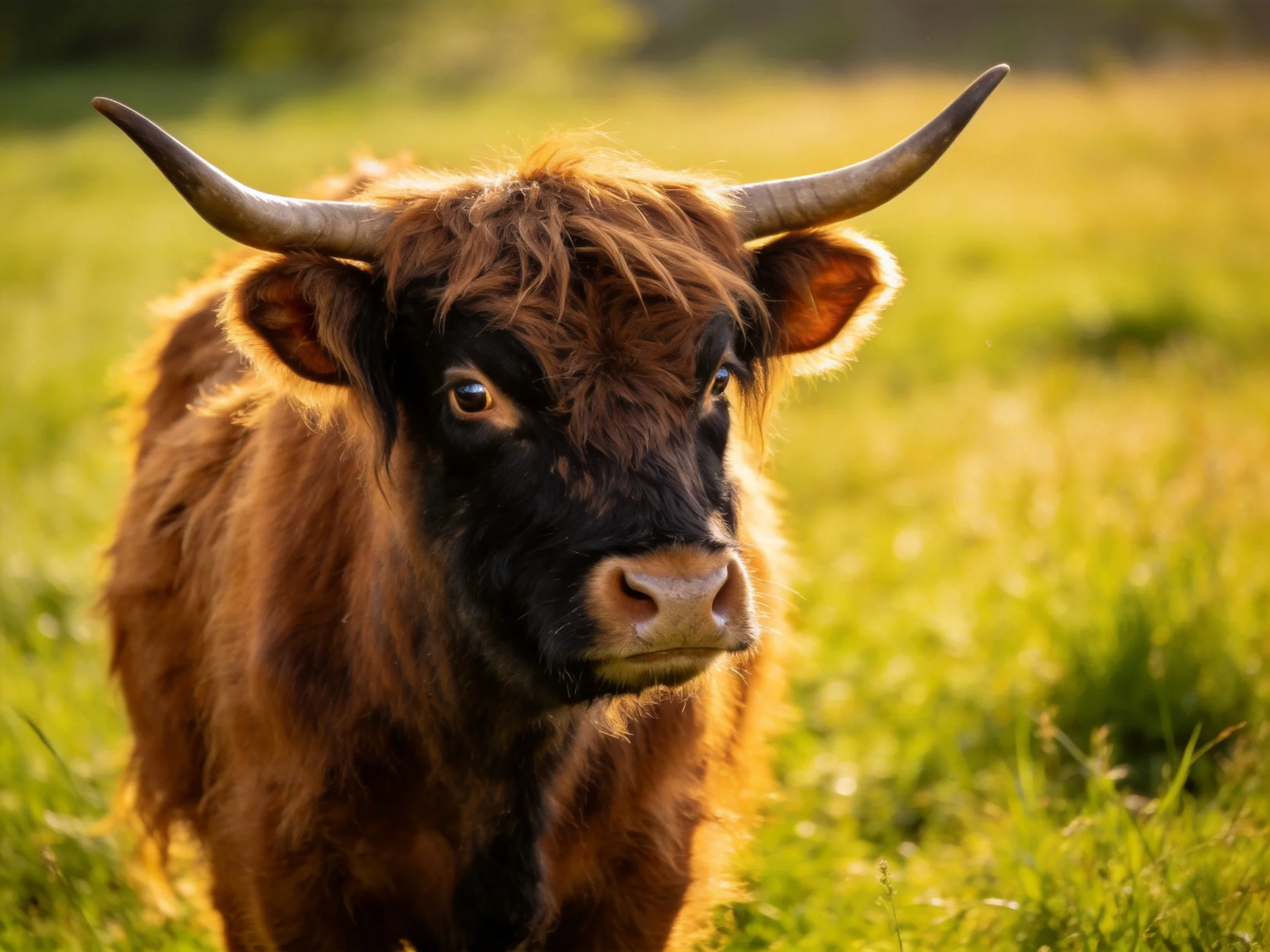 A shaggy brown Highland cow with long horns in a sunlit meadow