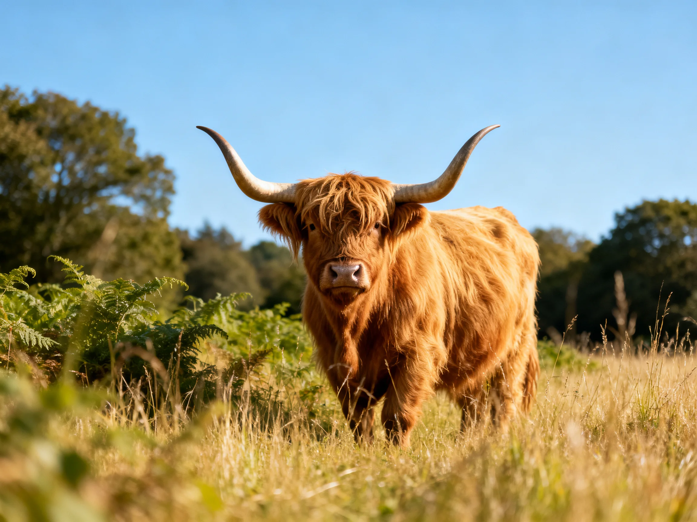 A shaggy brown Highland cow with long horns stands in a sunlit grassy meadow