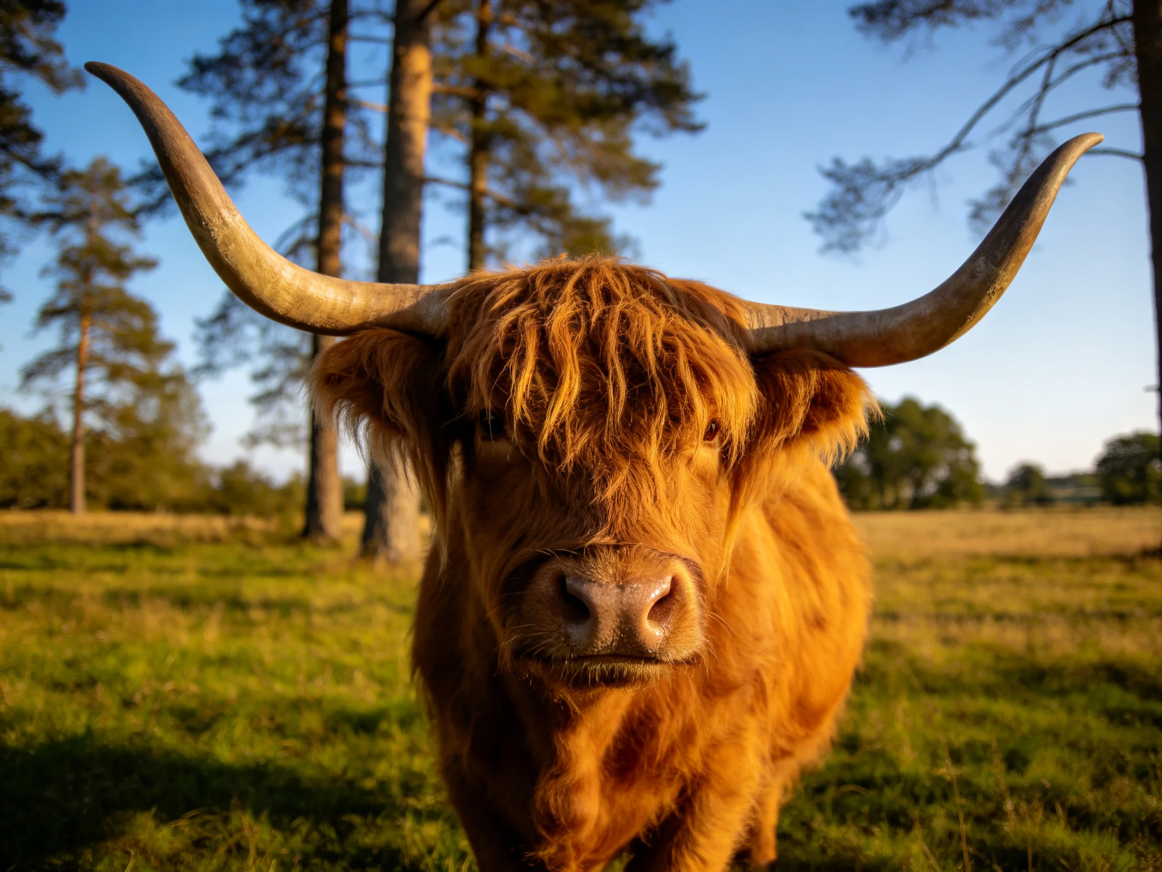 A shaggy brown Highland cow with massive curved horns in a sunlit meadow