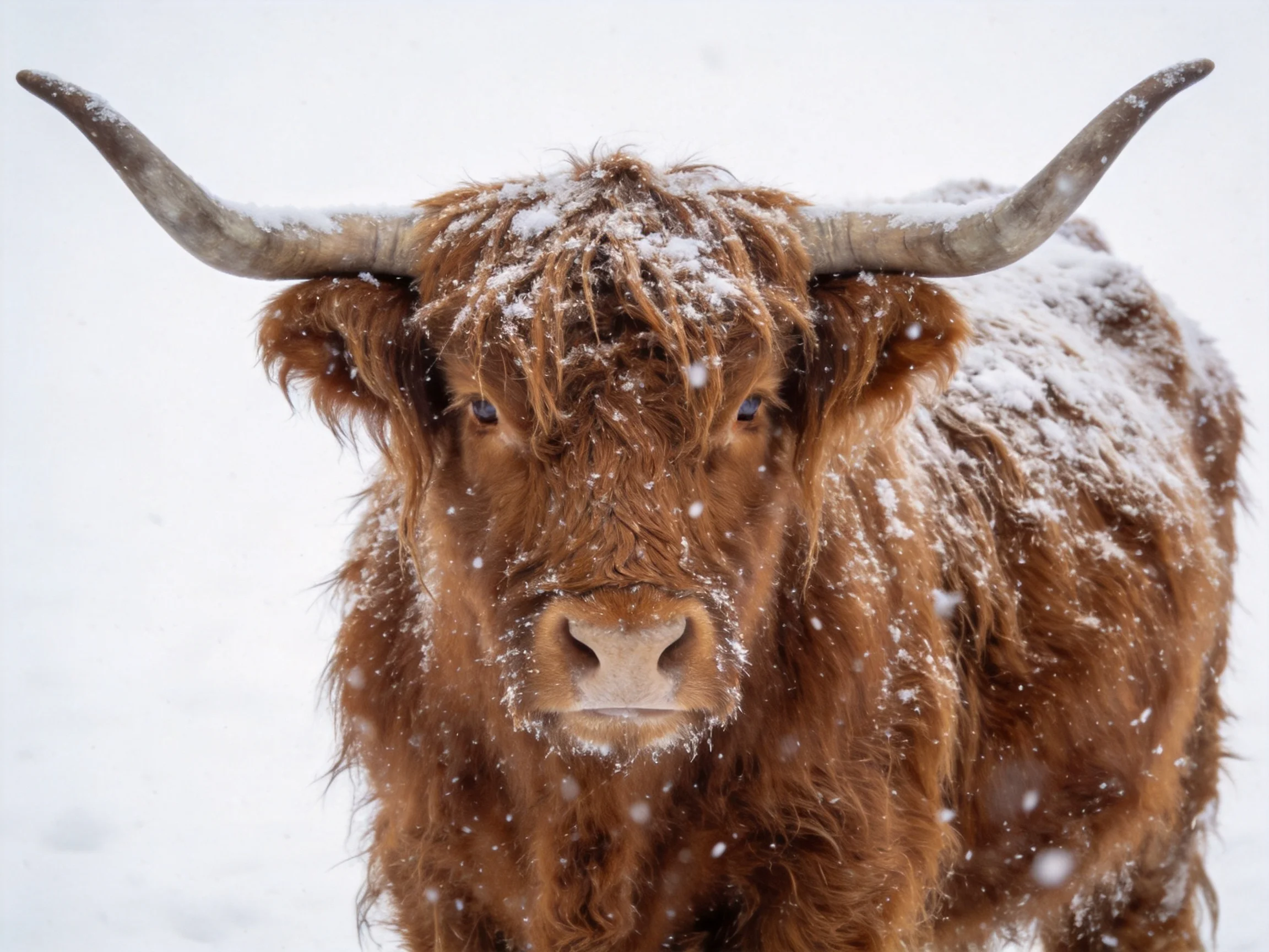 A shaggy brown Highland cow with snow-dusted fur in a wintry scene