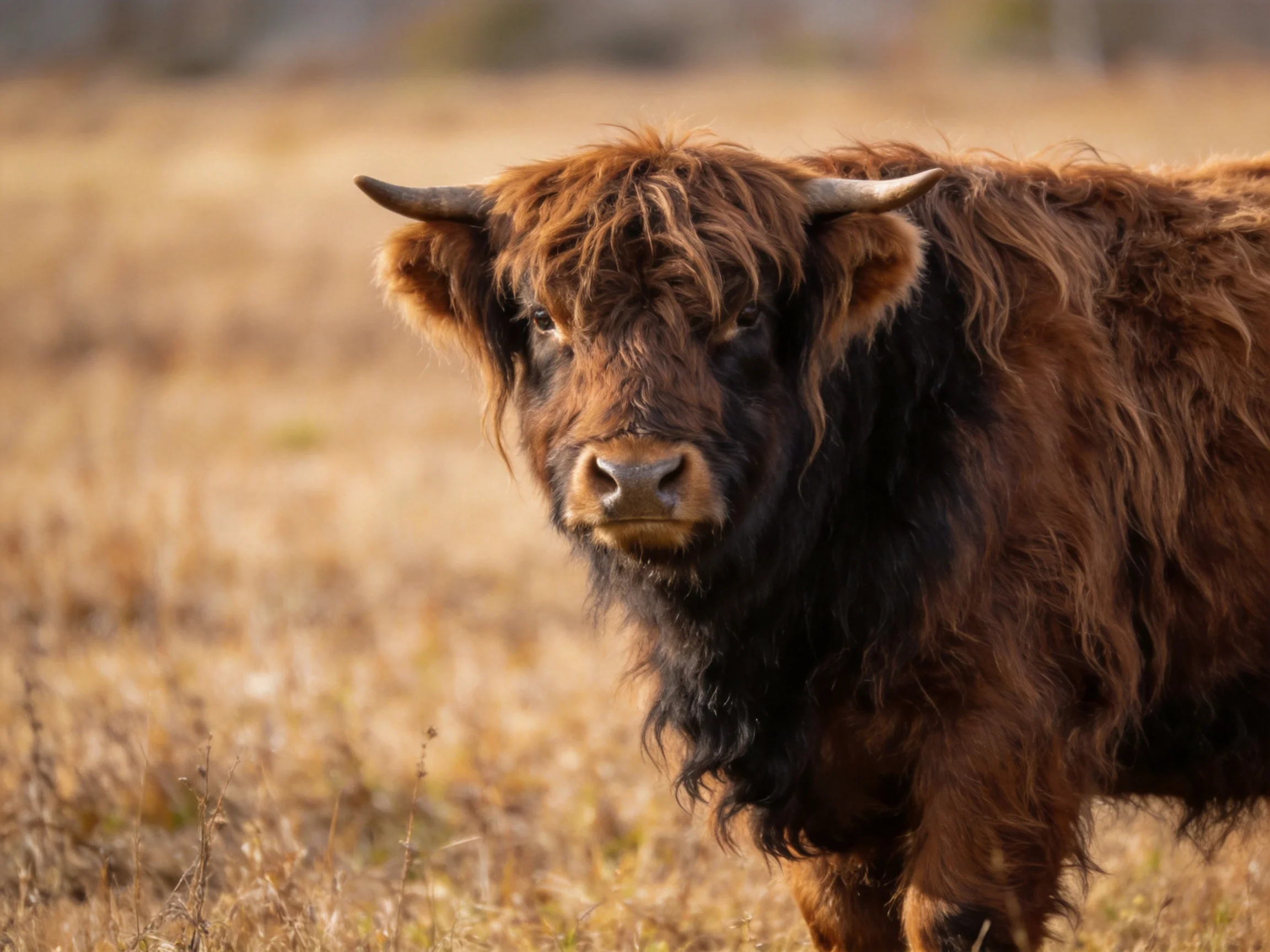 A shaggy brown and black Highland cow stands in an open field