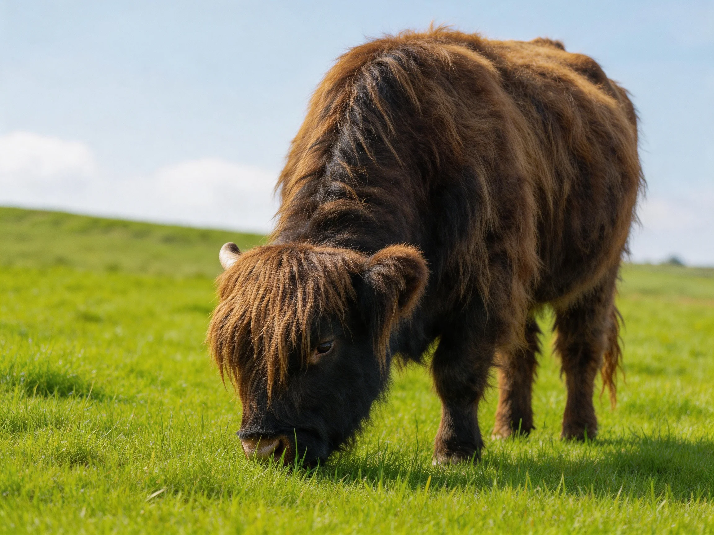 A shaggy brown and black cow grazes in a verdant green pasture
