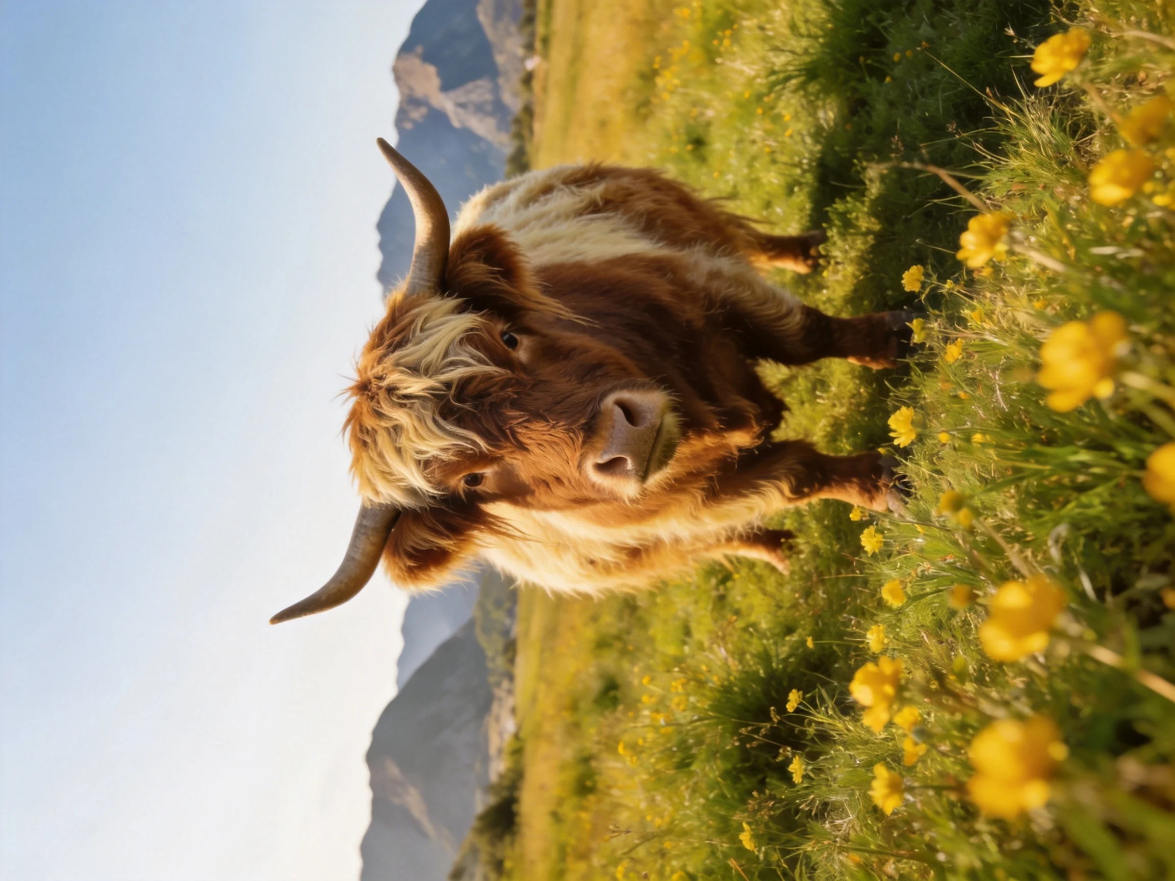 A shaggy brown-and-tan Highland cow amid yellow wildflowers near mountains