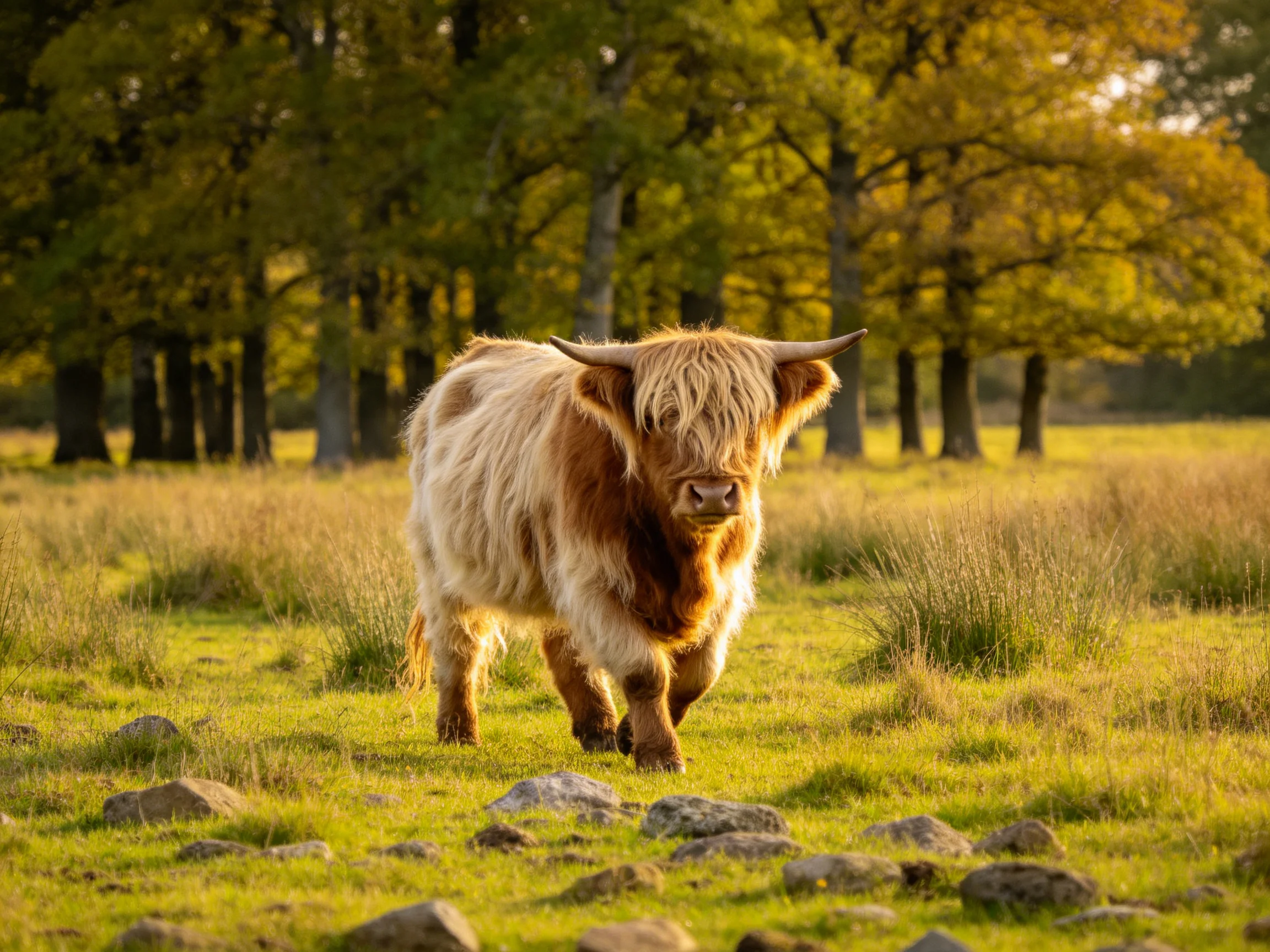A shaggy brown-and-white Highland cow in a sunlit meadow with scattered rocks