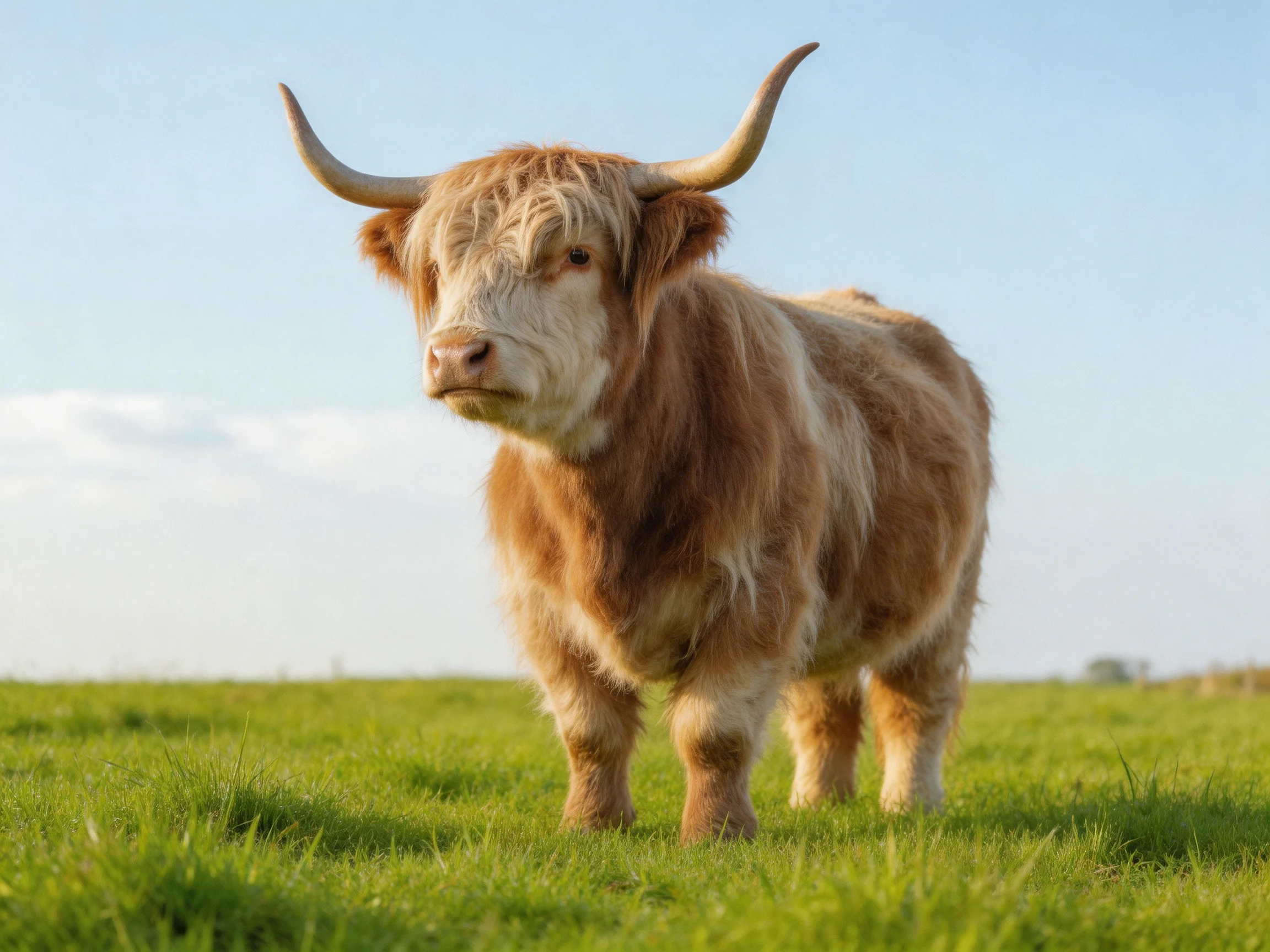 A shaggy brown-and-white Highland cow stands in a lush green meadow