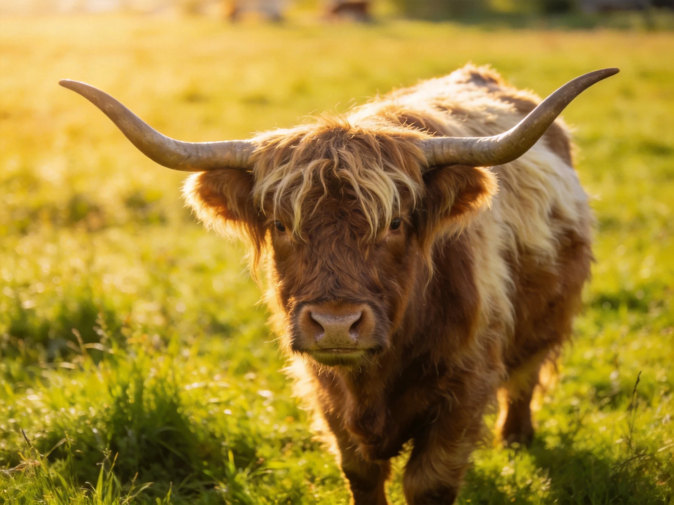 A shaggy brown-and-white Highland cow stands in a sunlit green meadow