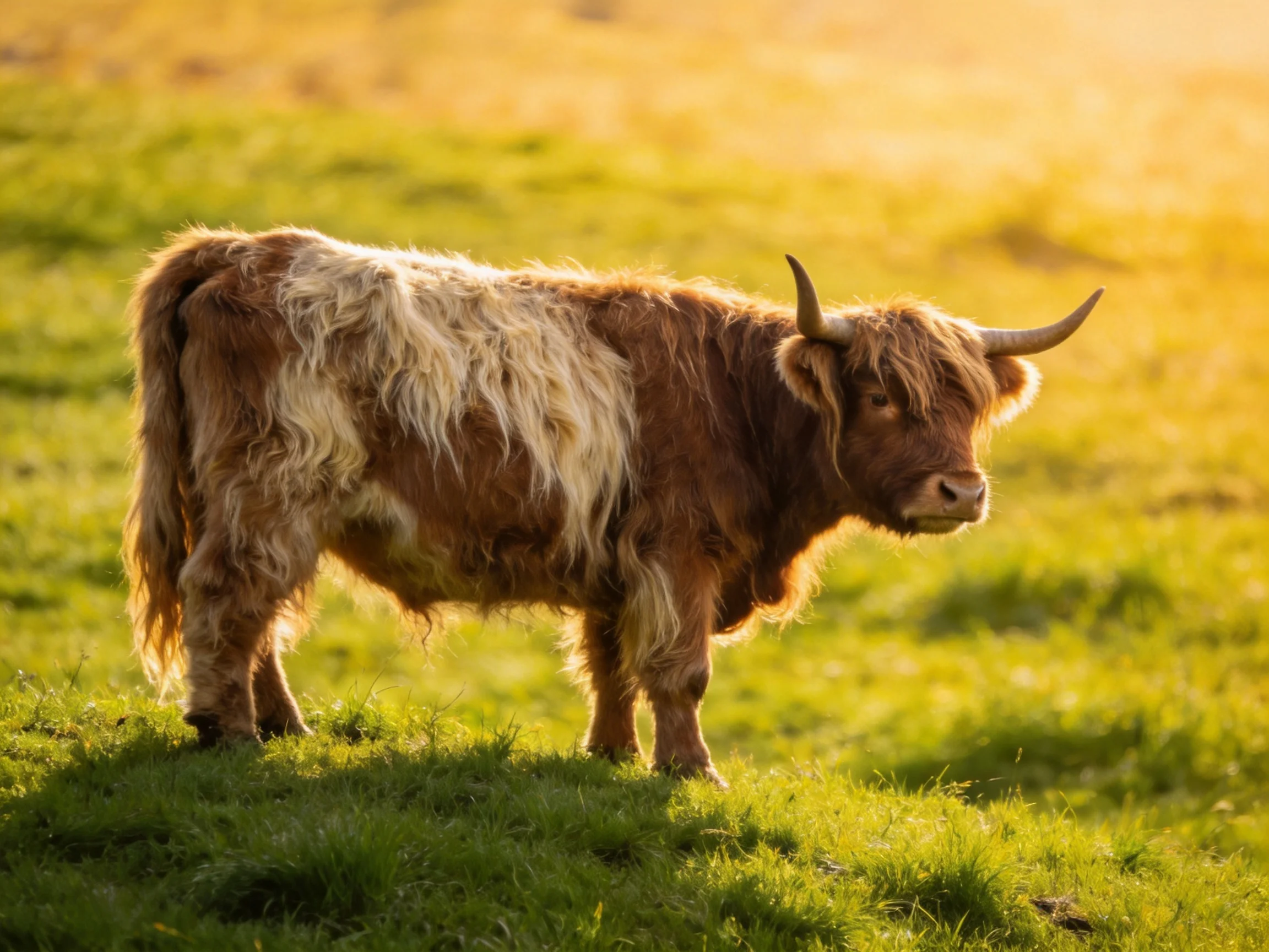 A shaggy brown-and-white Highland cow stands in a sunlit green meadow