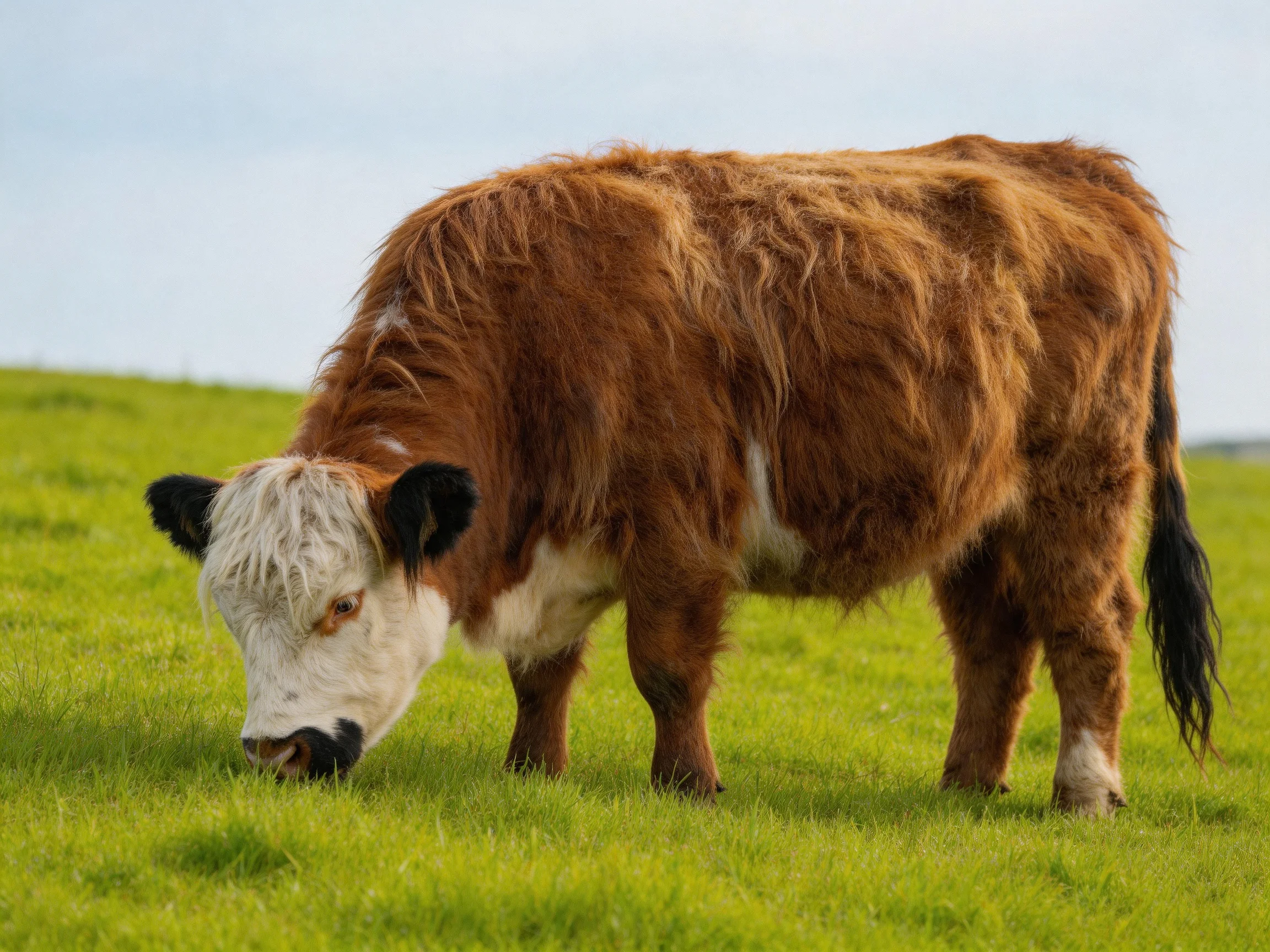 A shaggy brown and white cow grazes in a lush green pasture