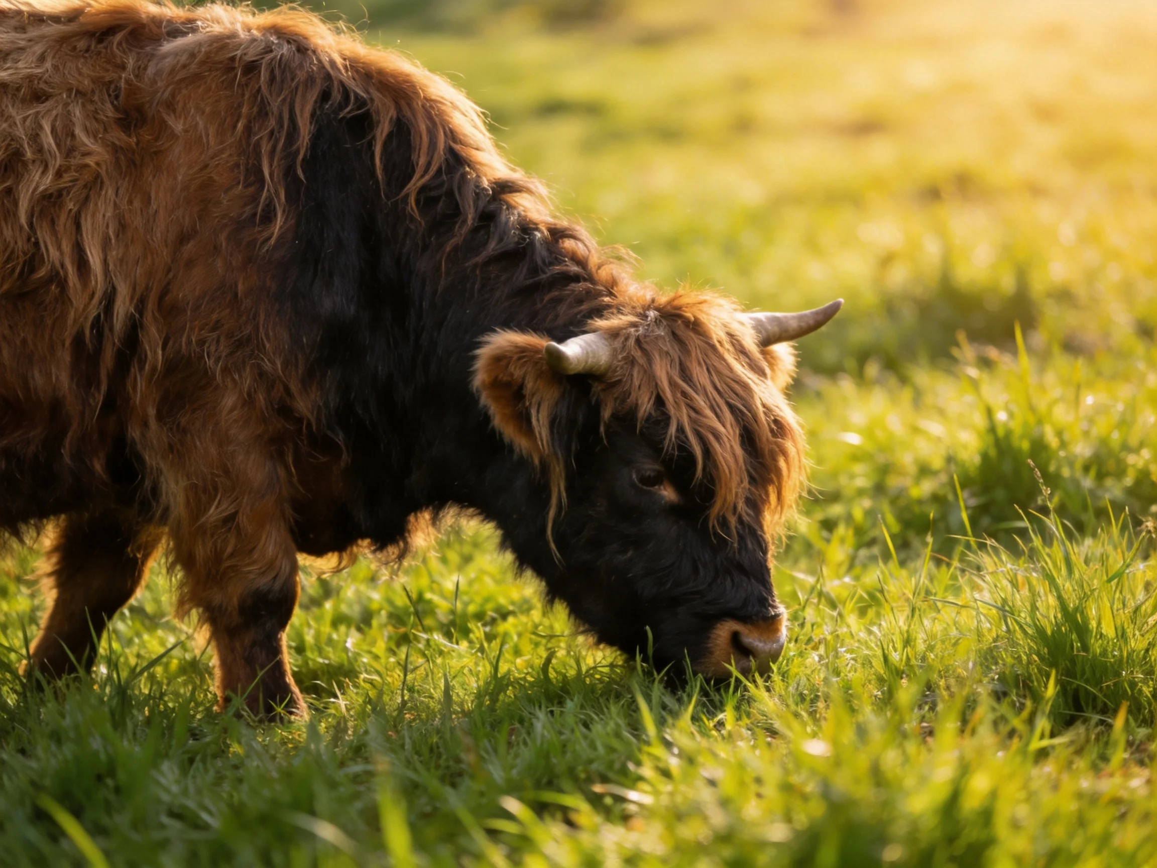 A shaggy brown-black Highland cow grazes in sunlit green pasture