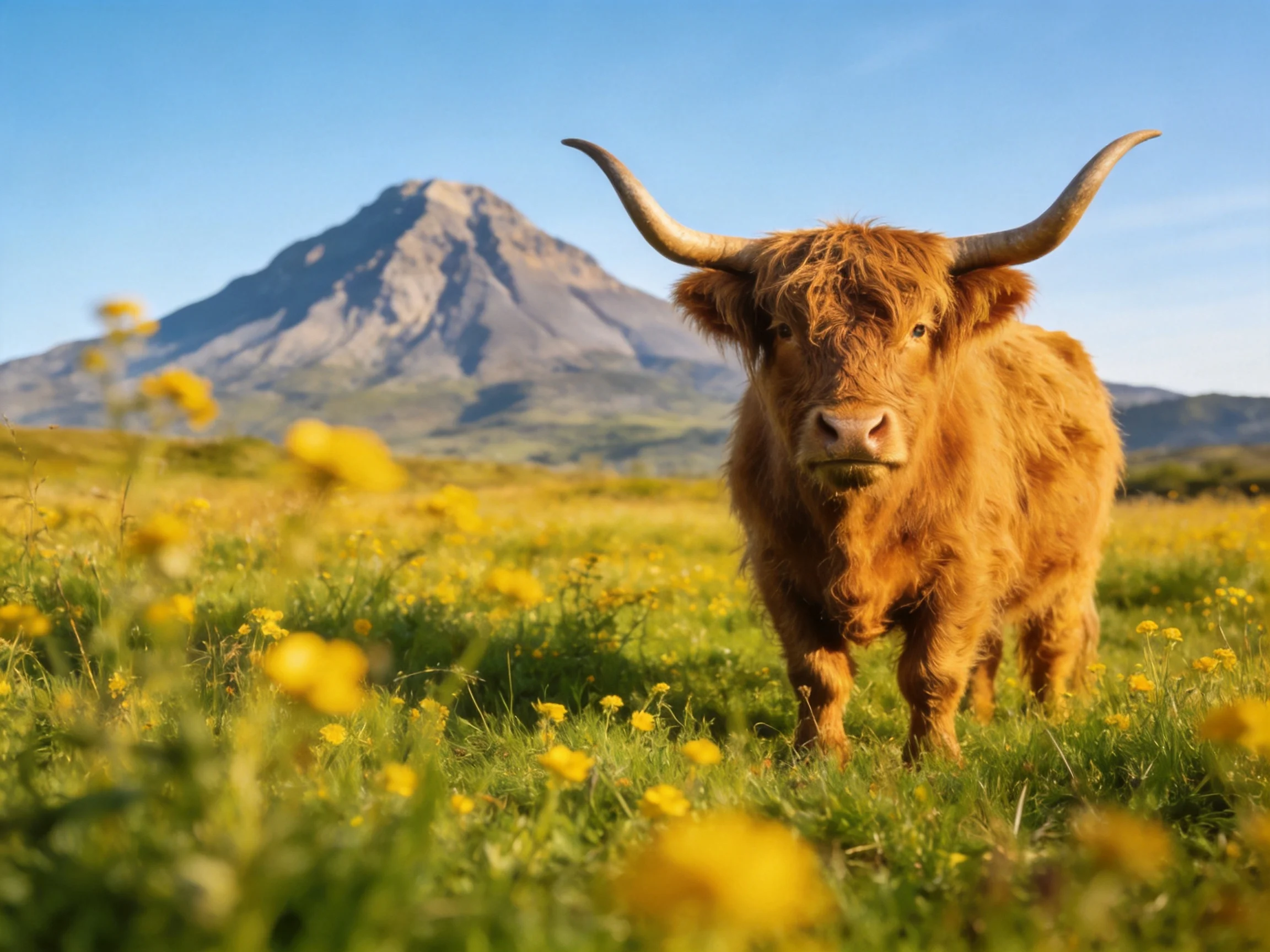 A shaggy brown cow among yellow wildflowers near a rocky mountain