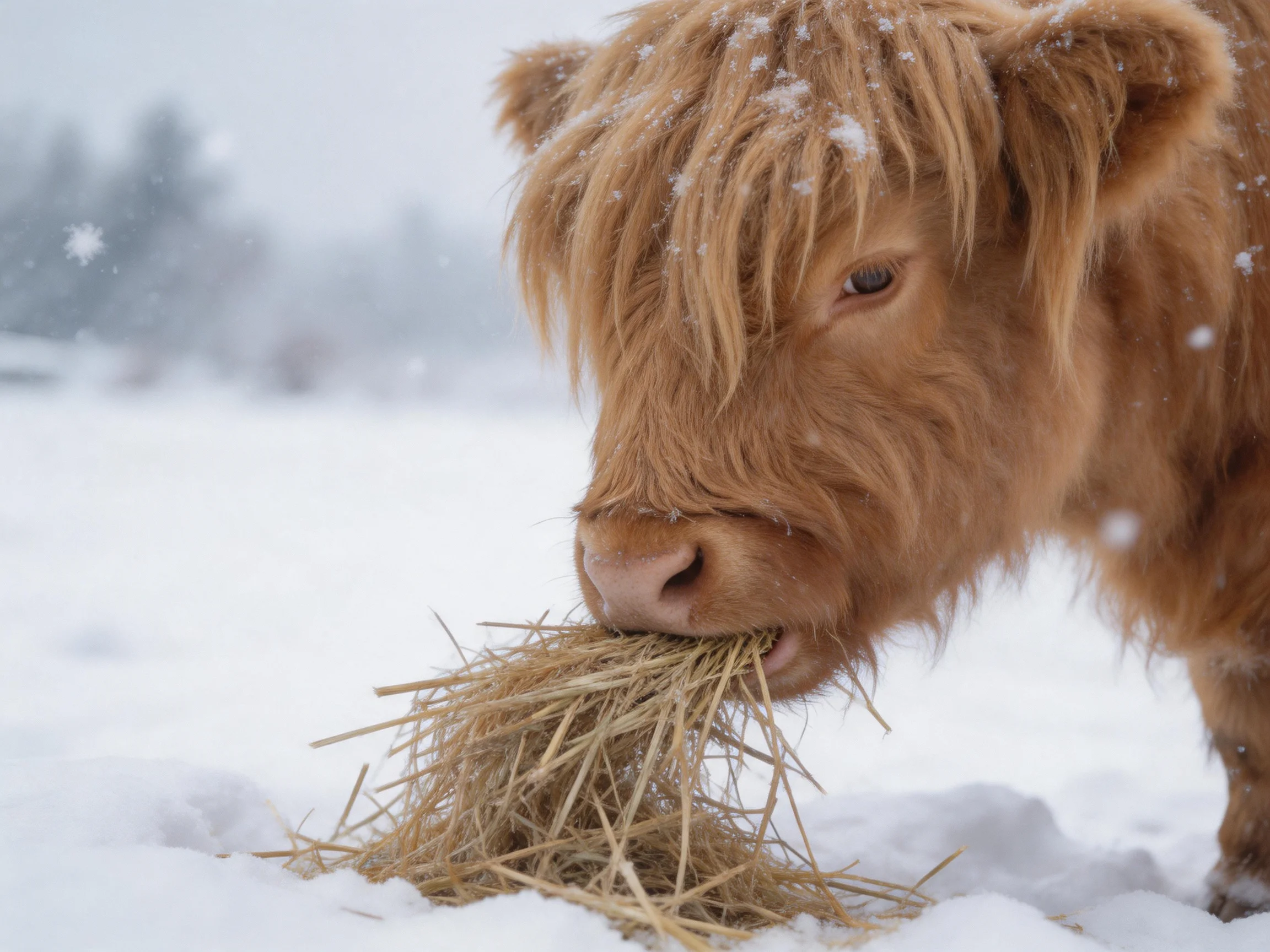 A shaggy brown cow eats hay in a snowy landscape