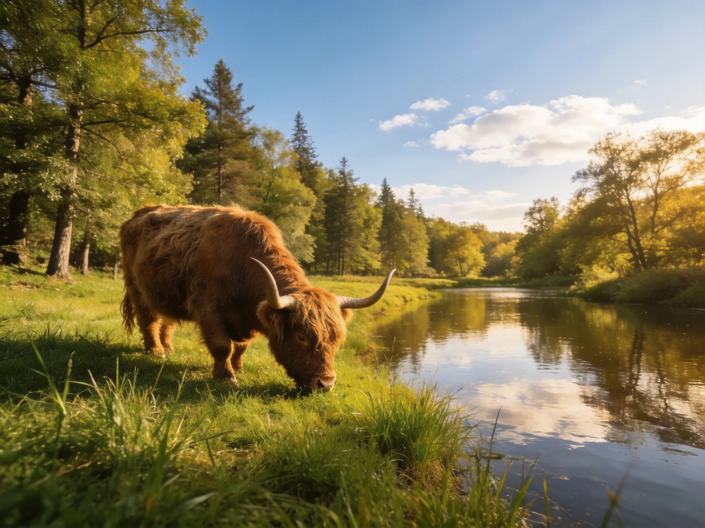A shaggy brown cow grazes by a calm river amid lush greenery