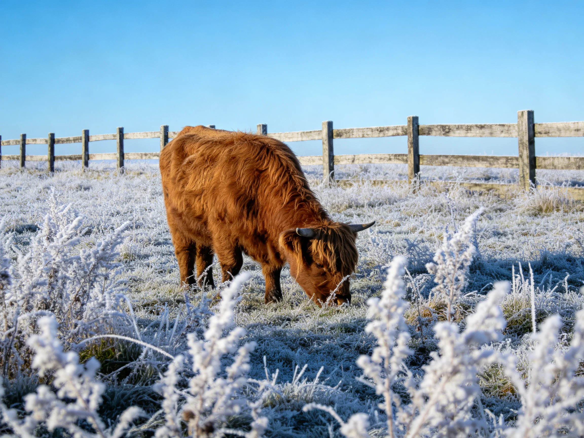 A shaggy brown cow grazes in a frosty field with wooden fencing