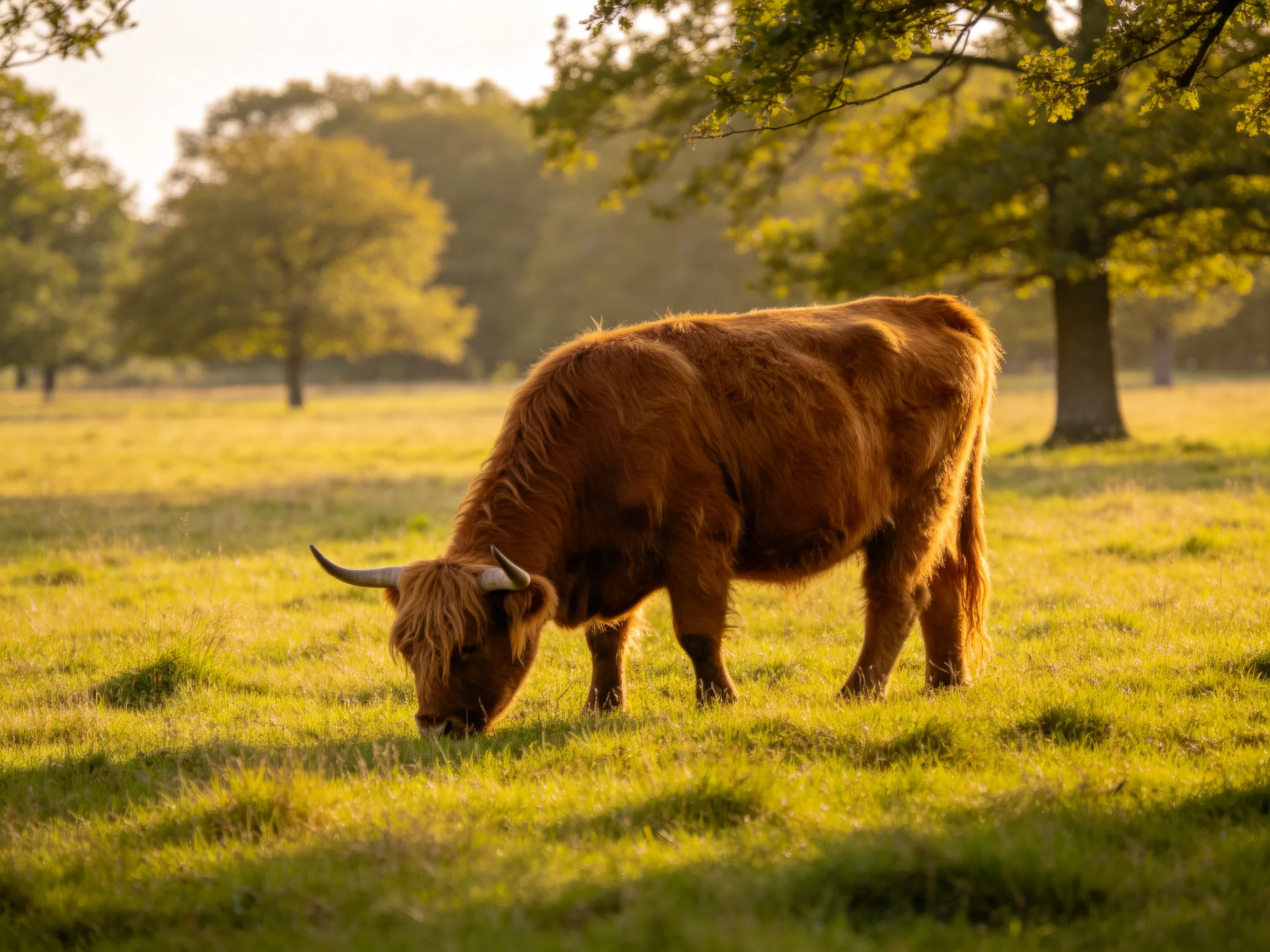 A shaggy brown cow grazes in a sunlit green meadow