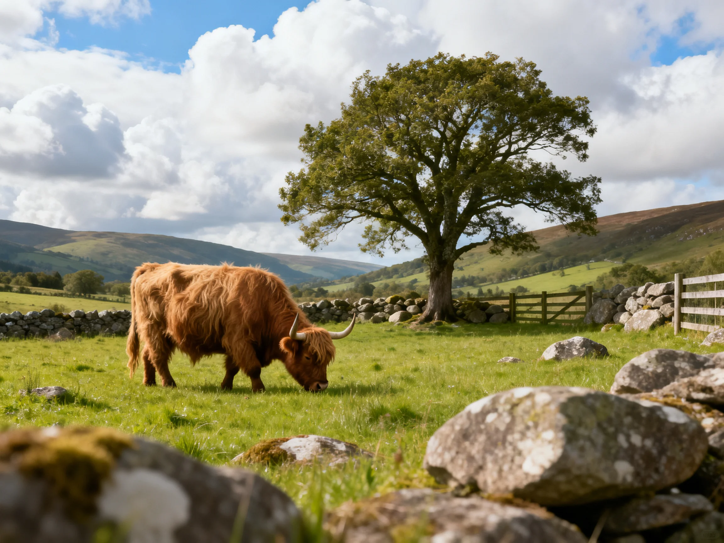 A shaggy brown cow grazes near a large oak tree in a sunlit green pasture