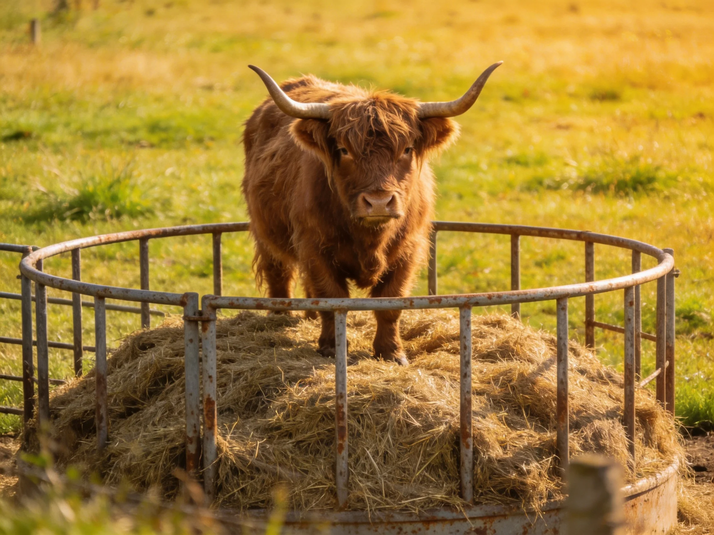 A shaggy brown cow in a circular metal pen with hay