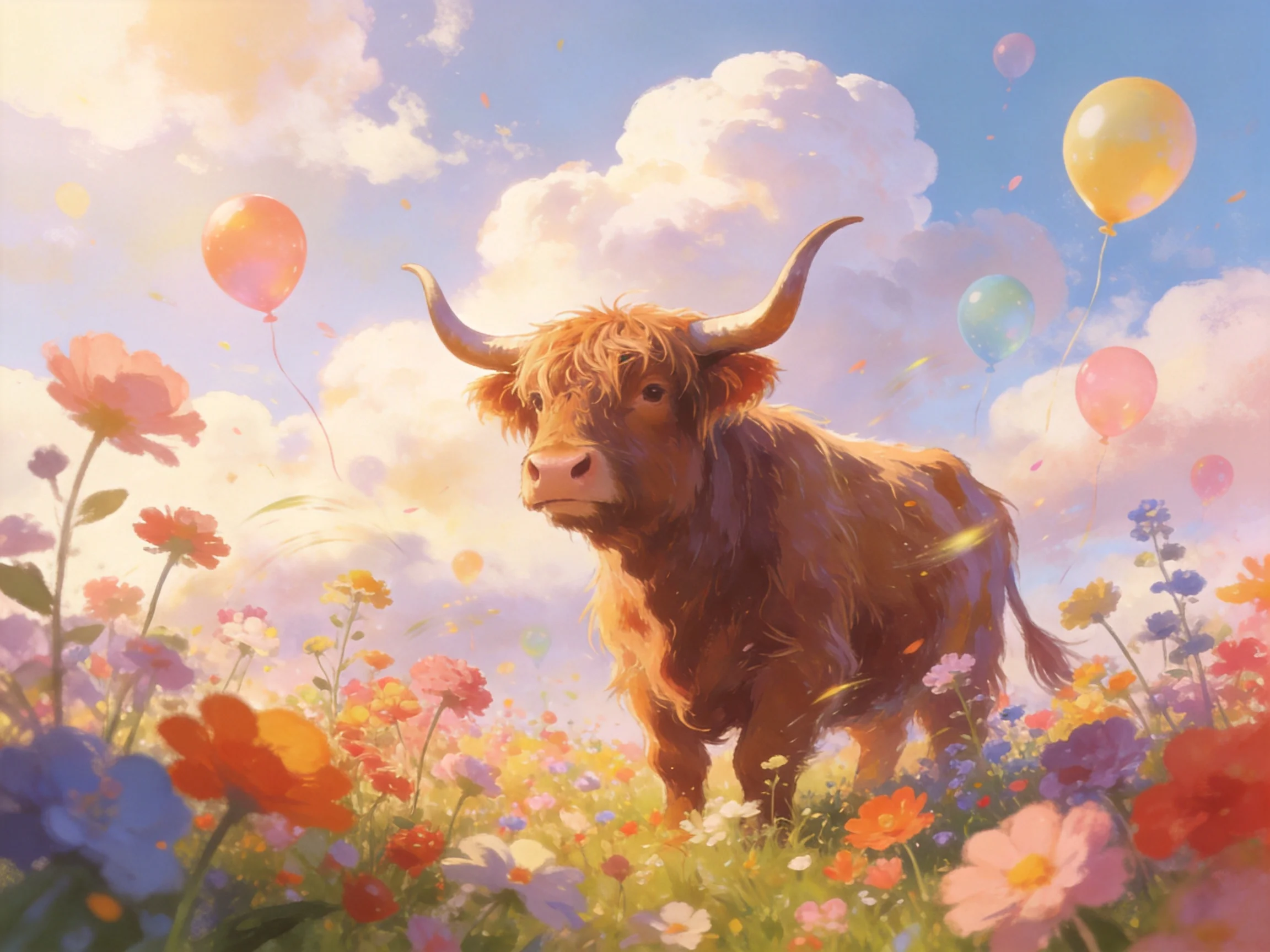 A shaggy brown cow in a field of colorful wildflowers with floating balloons