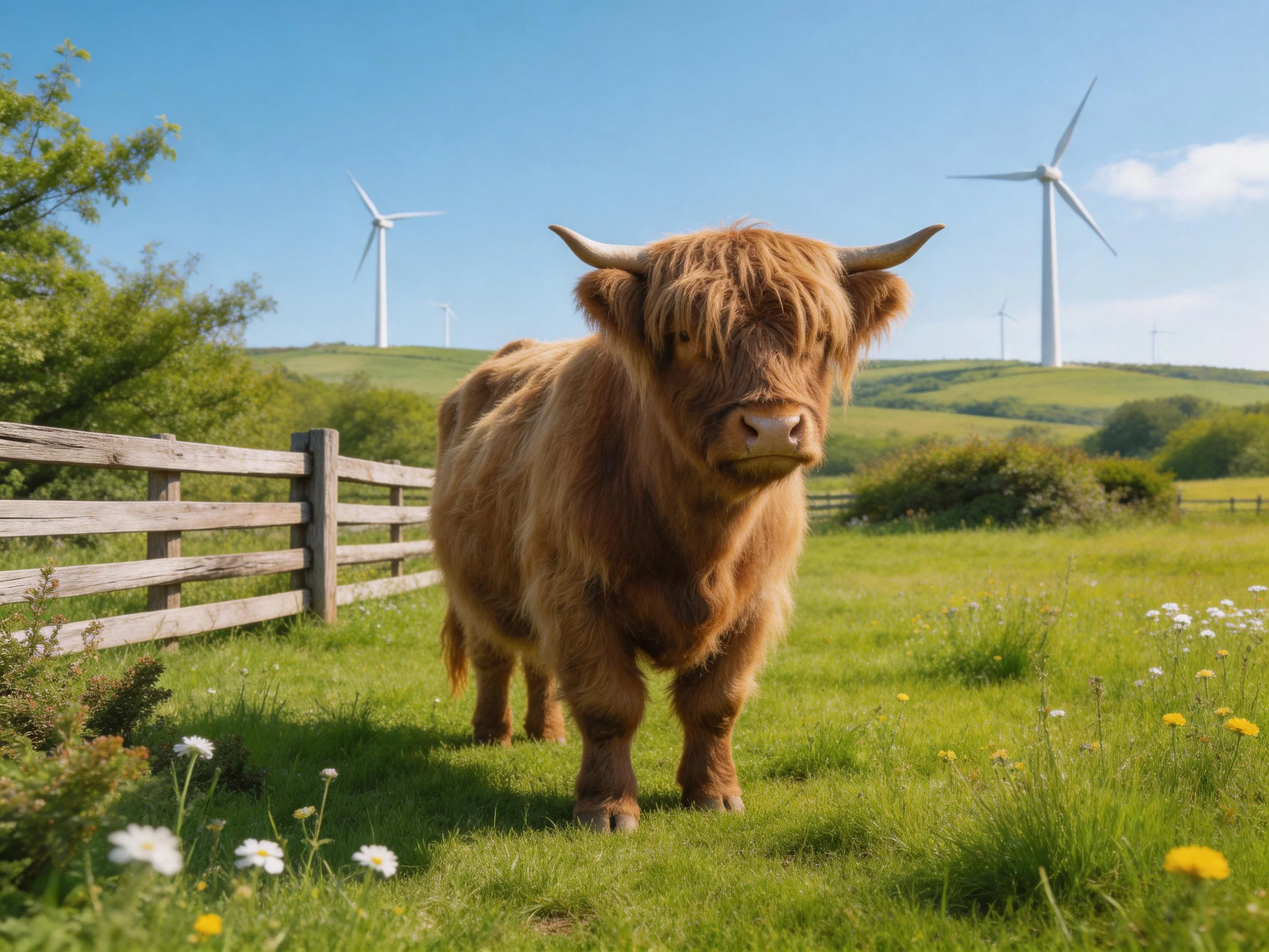 A shaggy brown cow in a lush green pasture with wooden fences and wind turbines