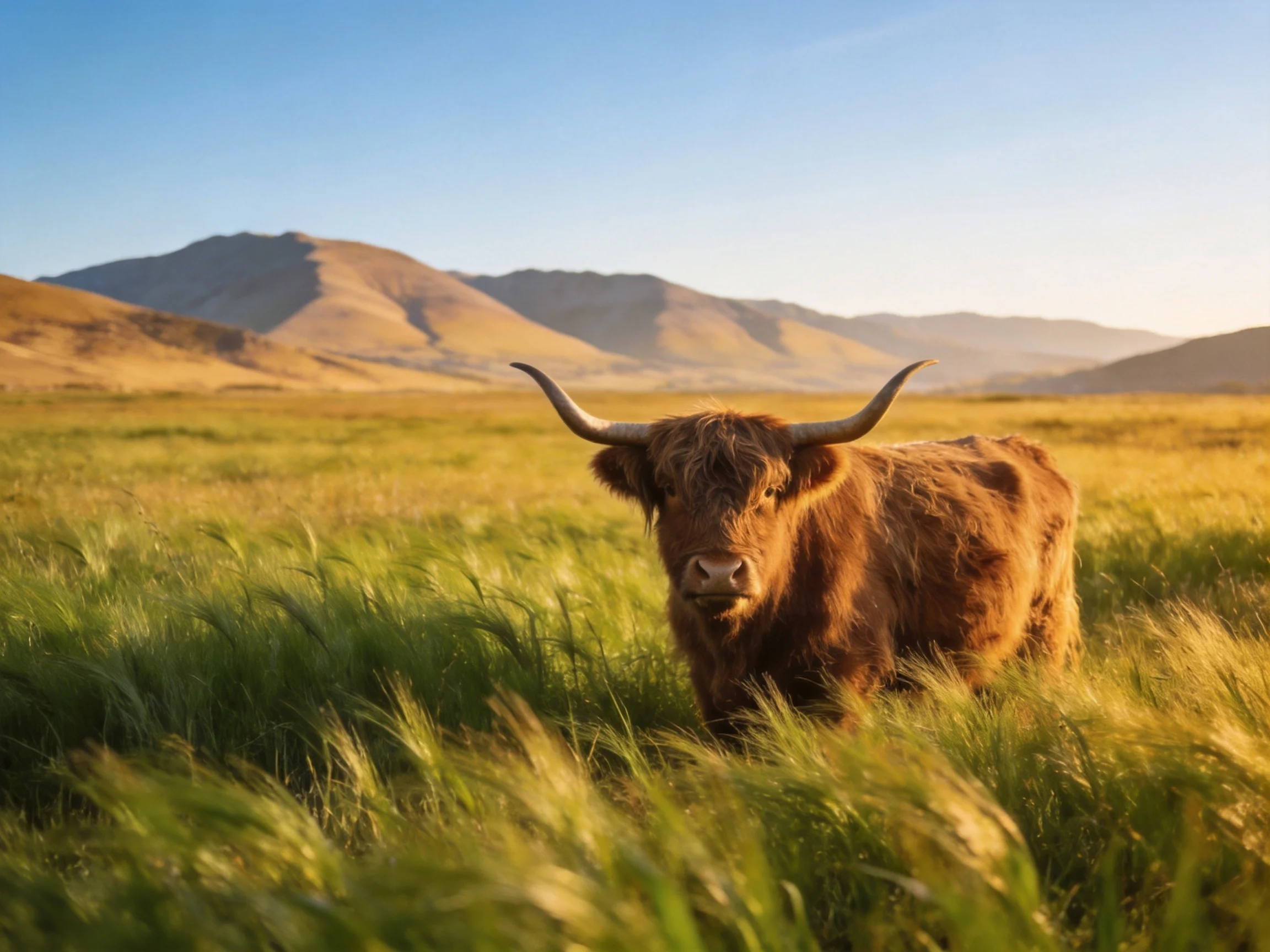 A shaggy brown cow stands in a sunlit meadow with distant mountains.