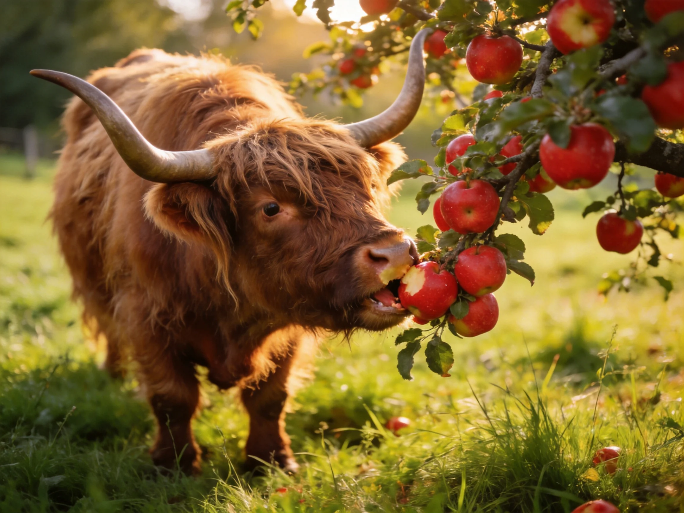 A shaggy brown cow munches red apples from a lush apple tree