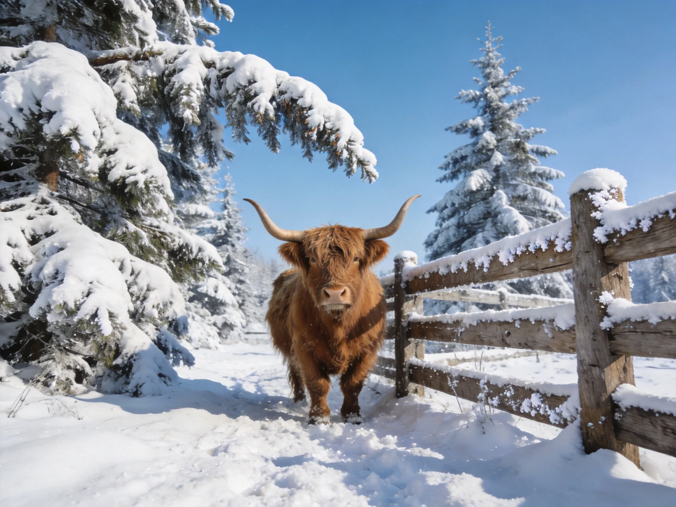A shaggy brown cow near snow-covered pine trees and wooden fence