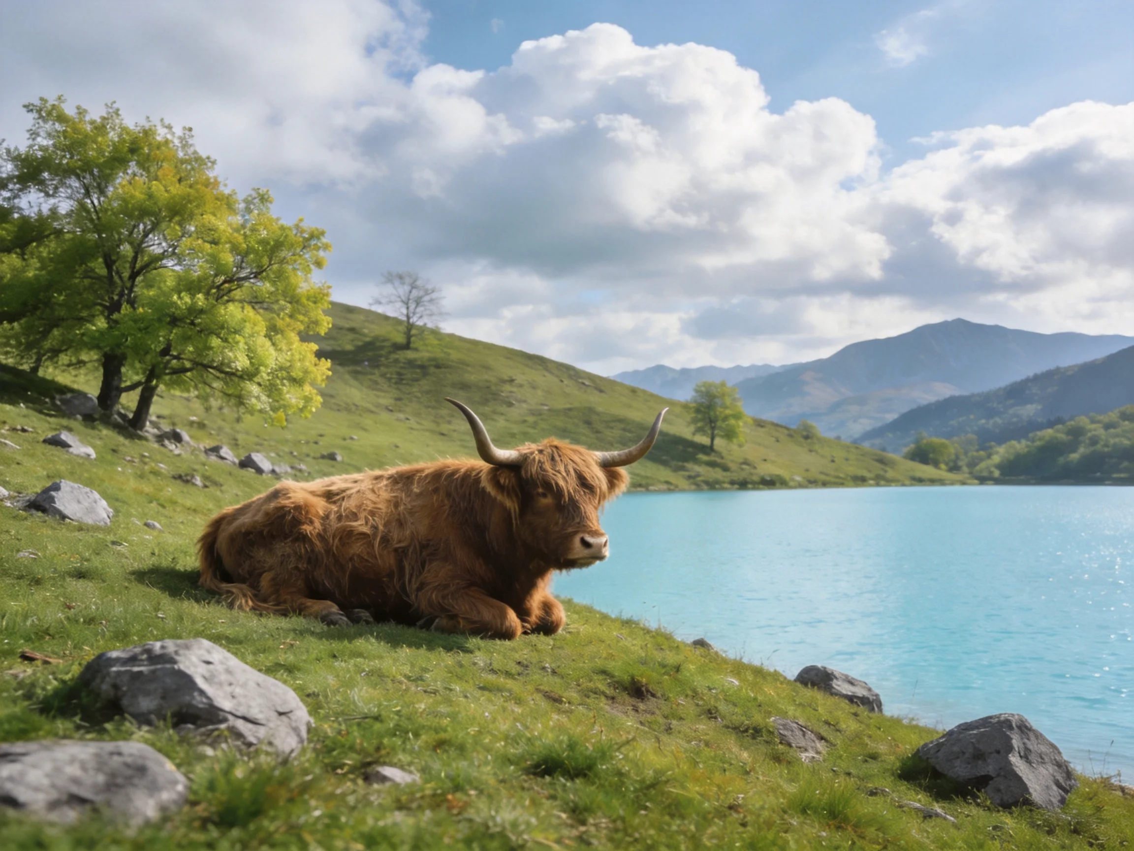 A shaggy brown cow rests by a turquoise lake amid green hills