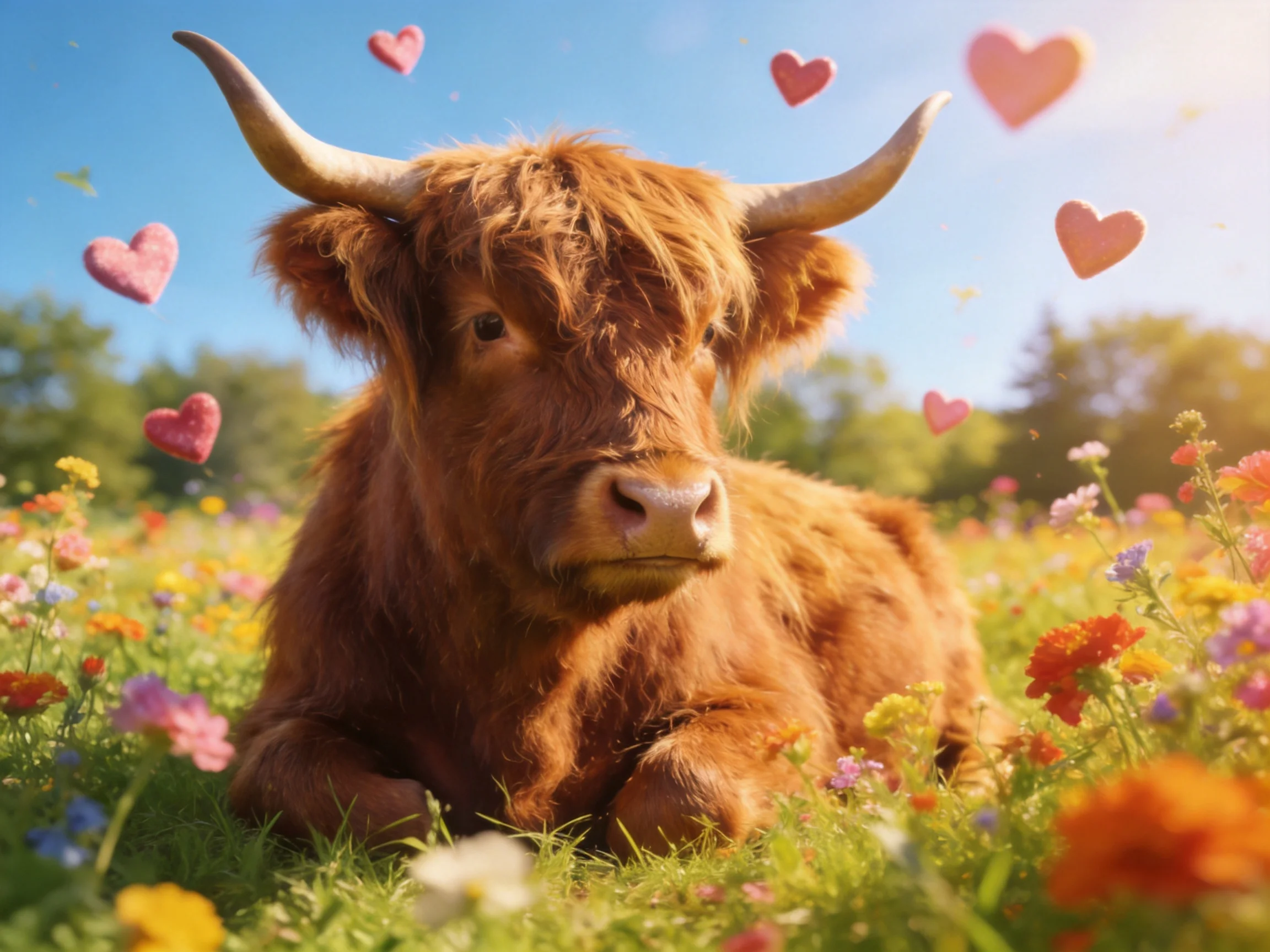 A shaggy brown cow rests in a field of colorful flowers with pink heart shapes