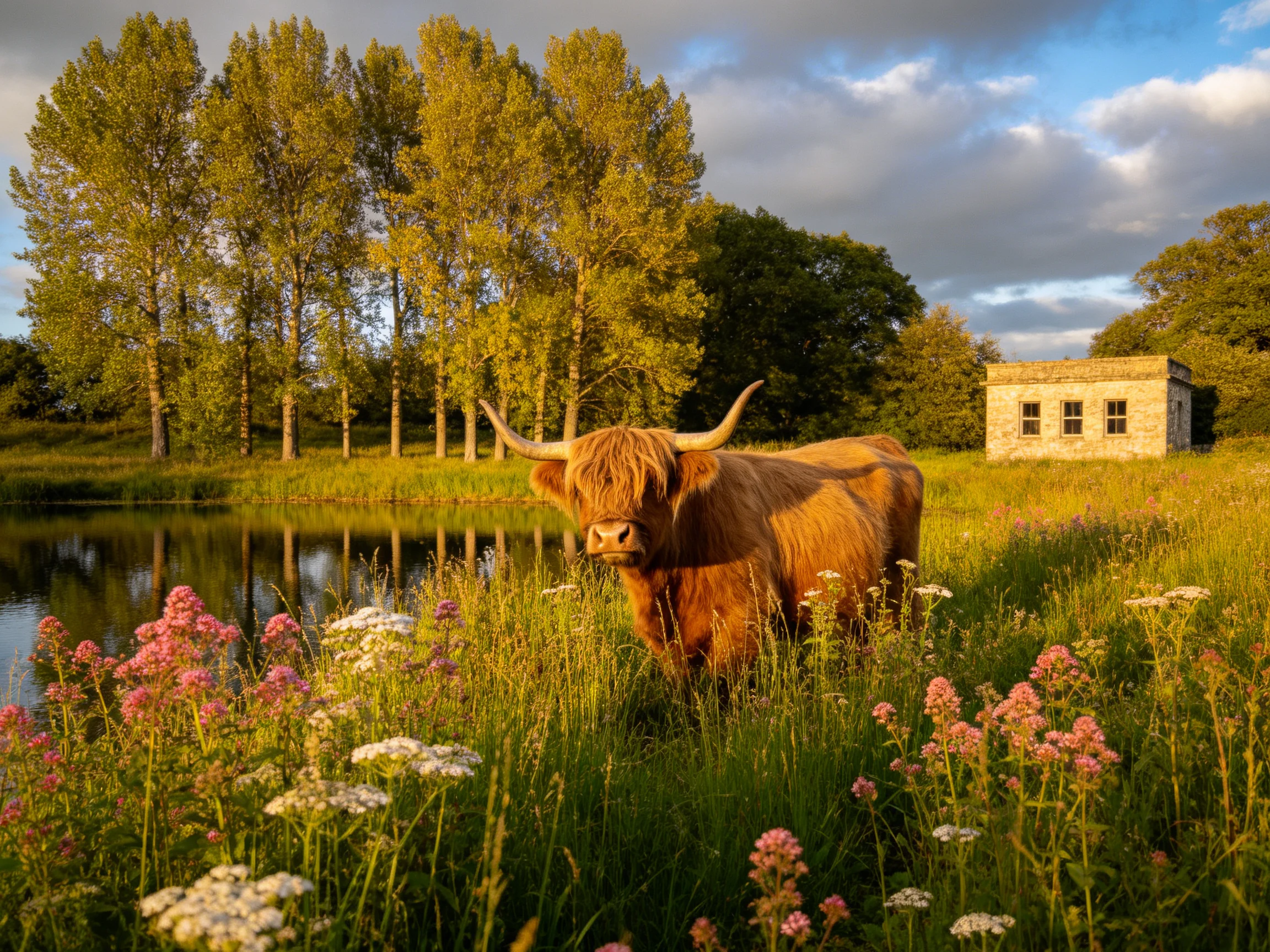 A shaggy brown cow stands among colorful wildflowers by a tranquil pond