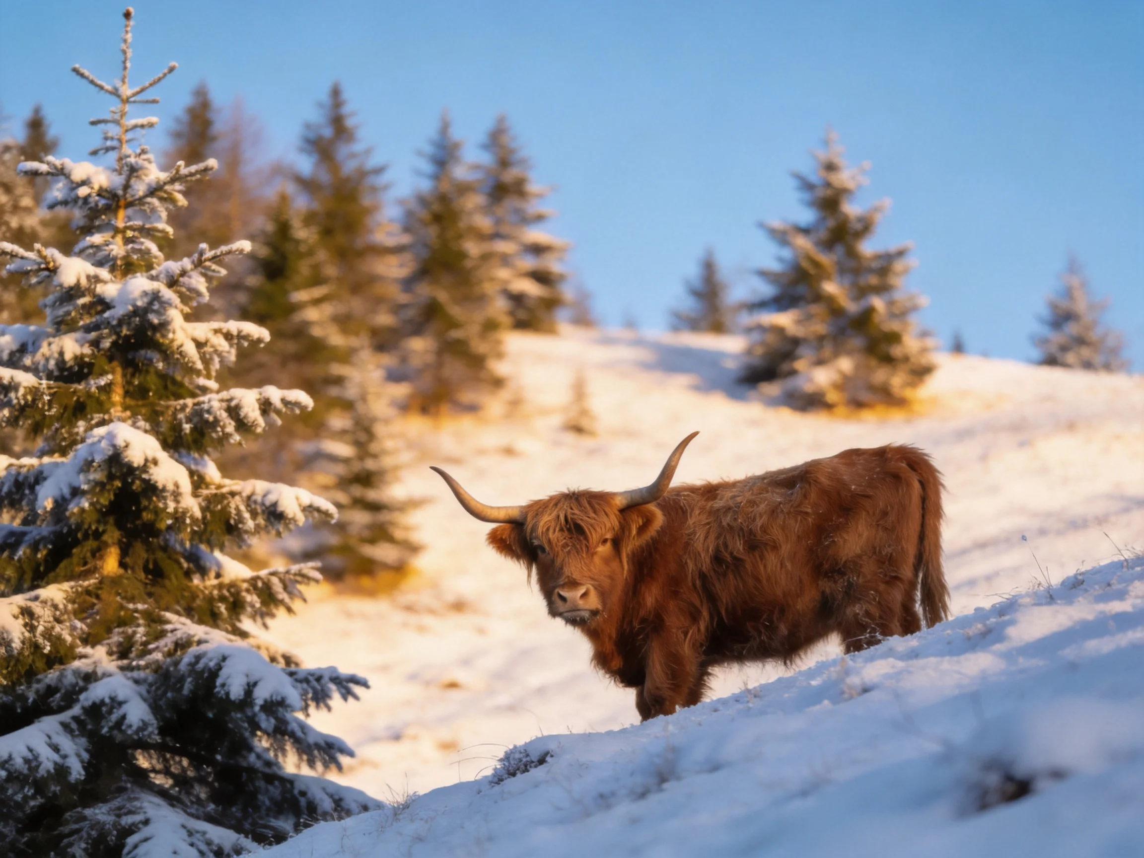 A shaggy brown cow stands among snow - covered evergreen trees