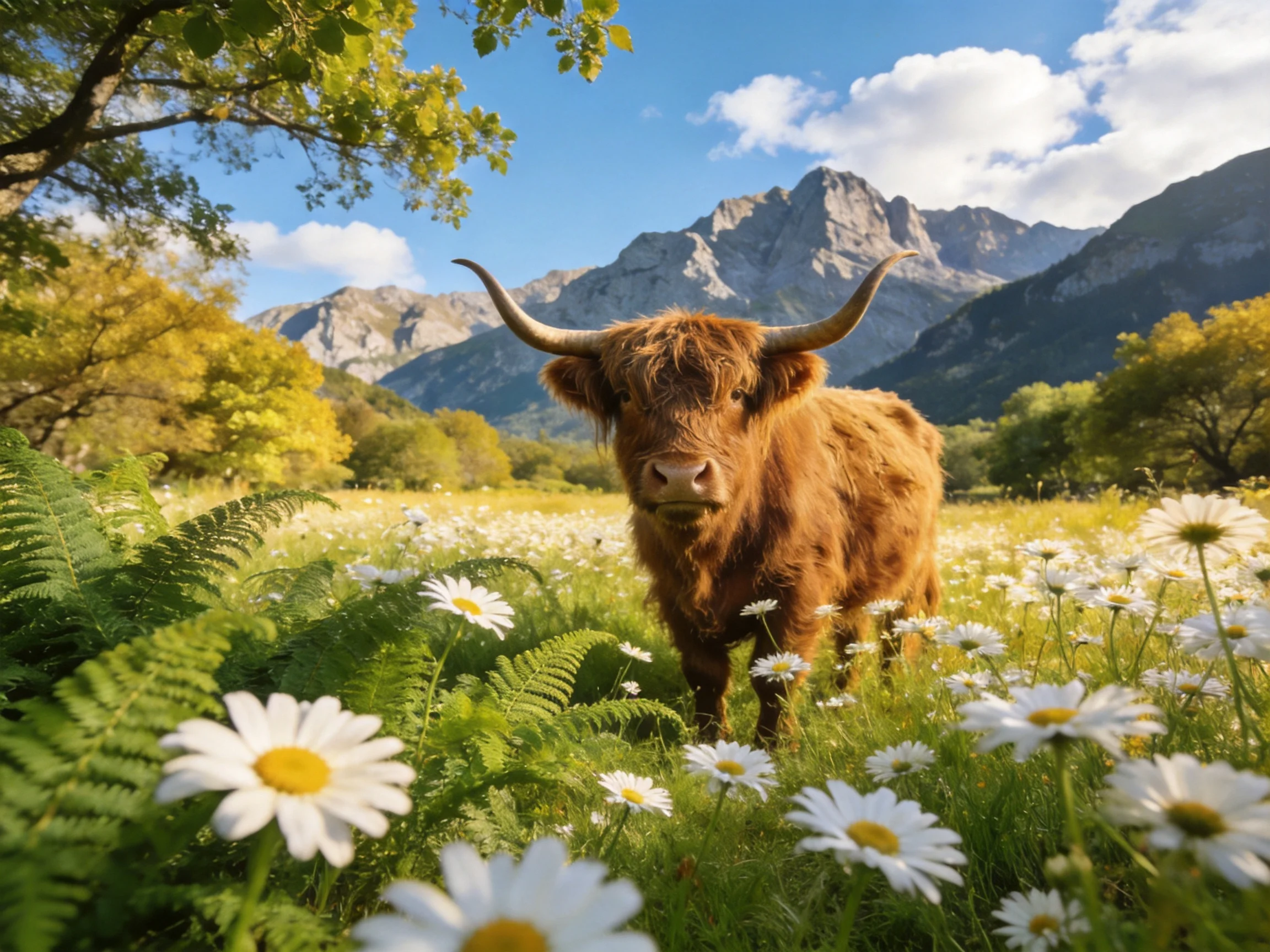 A shaggy brown cow stands among white daisies near towering mountains