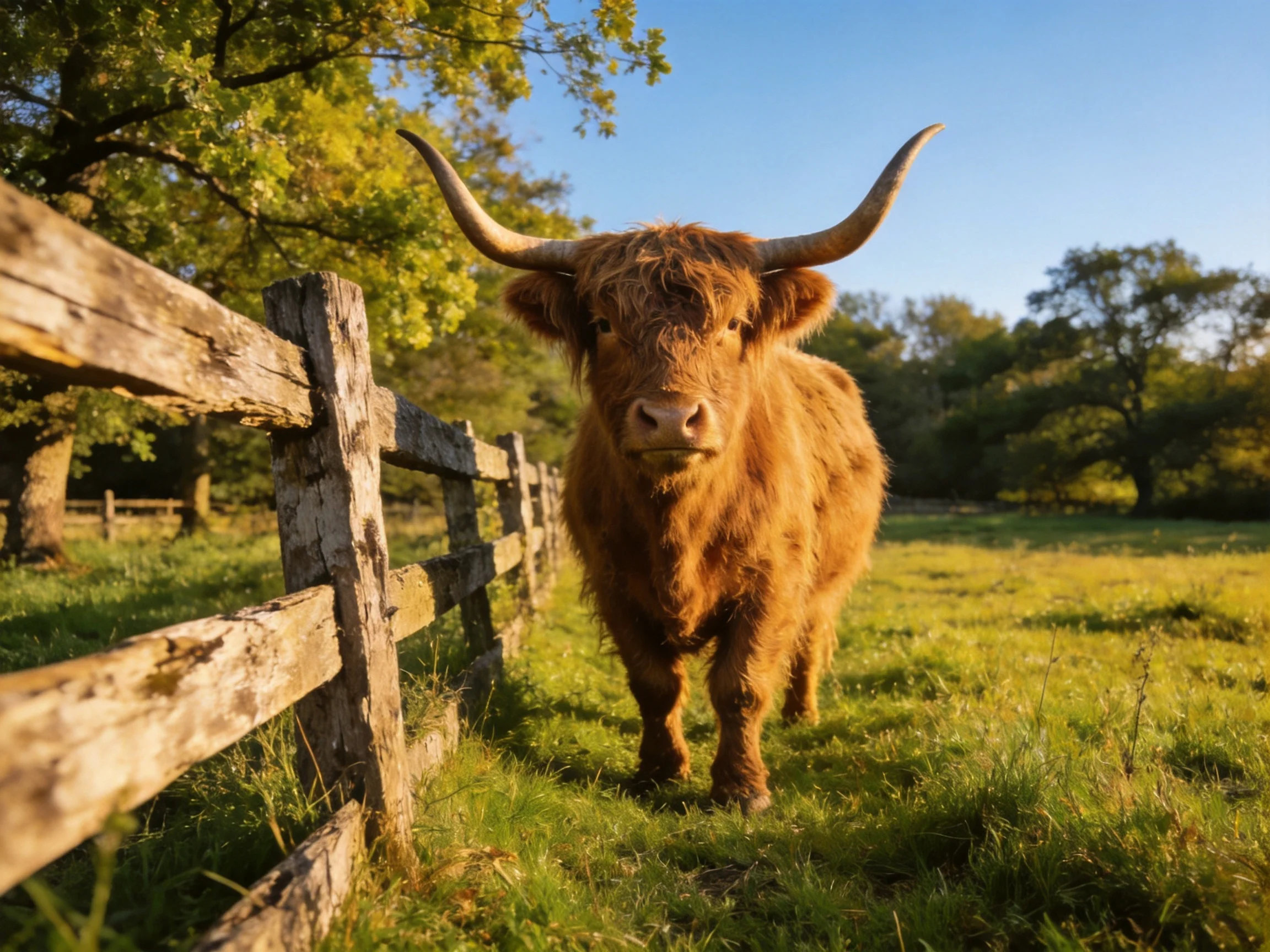 A shaggy brown cow stands by a weathered wooden fence in a sunlit meadow
