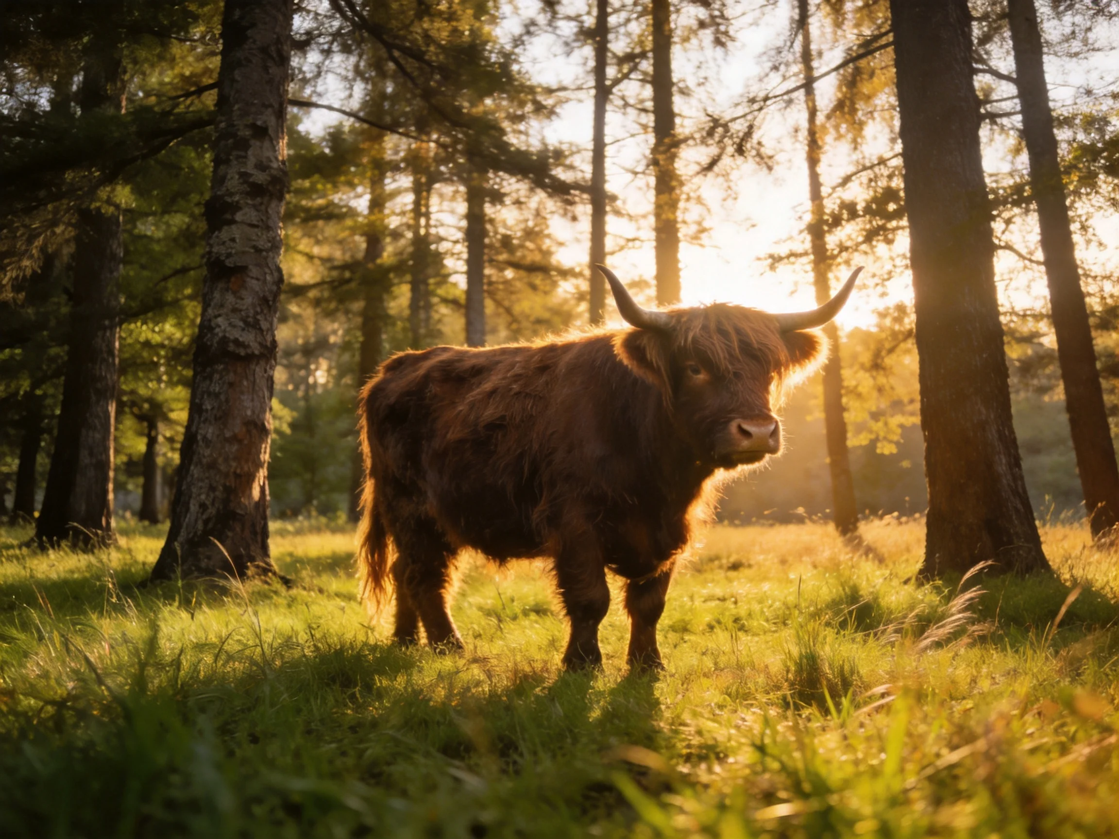 A shaggy brown cow stands in a sunlit forest clearing among tall trees