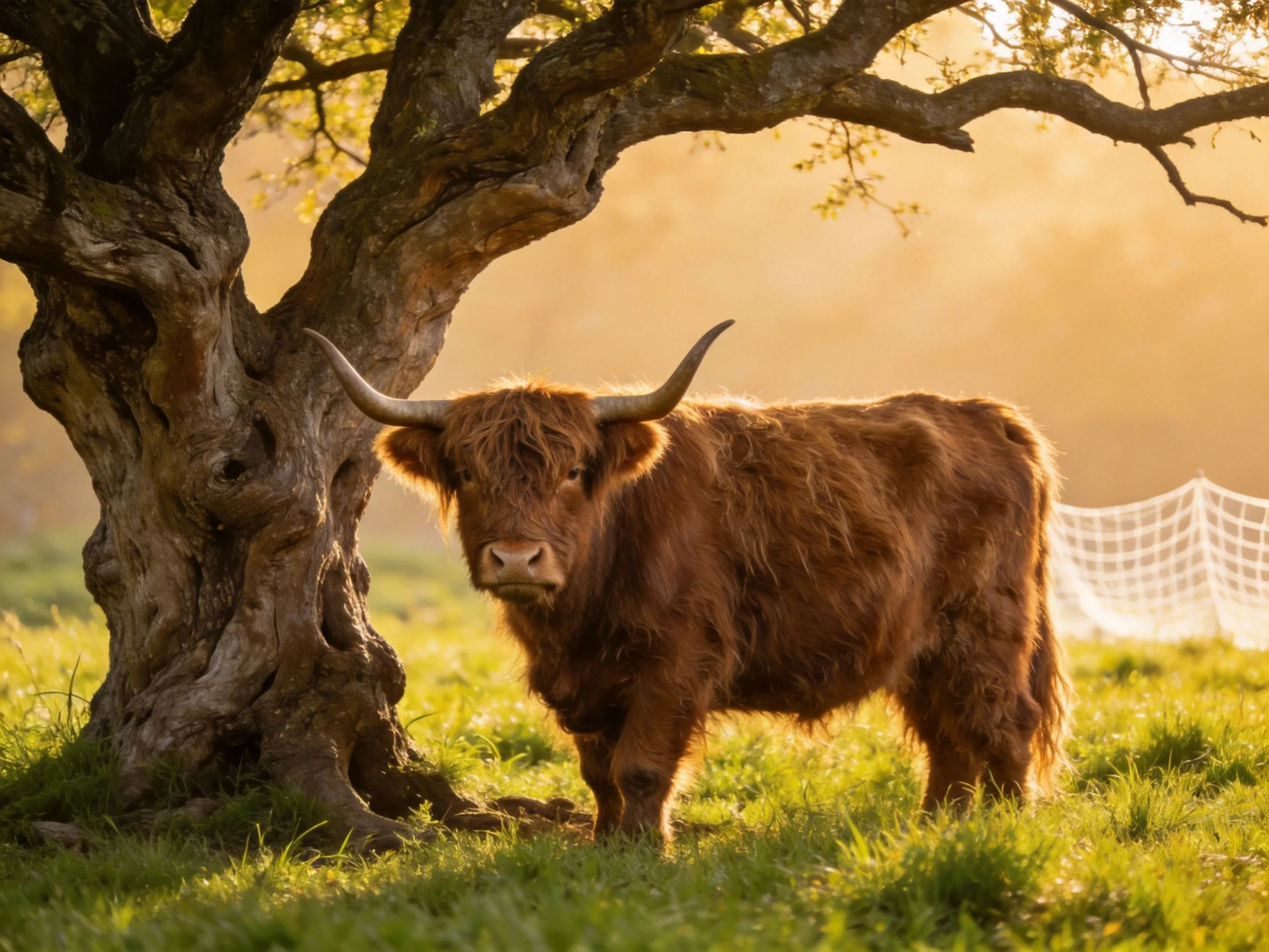 A shaggy brown cow stands near a gnarled ancient tree in golden light