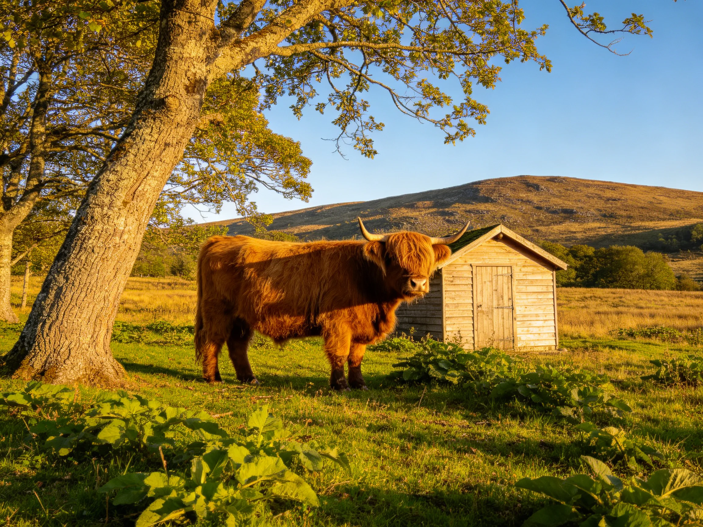 A shaggy brown cow stands near an old wooden shed under golden sunlight